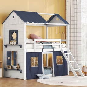 Quarte Twin Size Castle House Bunk Bed with Elegant Windows, Sills and Tent, Unique Wood Bunk Bed Perfect for Boys Girls (Blue White/b, Twin)