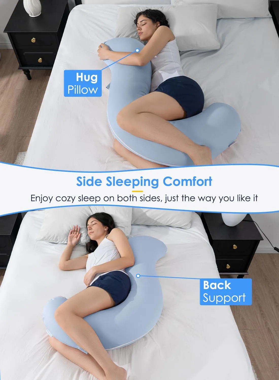 QUEEN ROSE Cooling Body Pillow, Full Body Support Pillow for Side Sleepers, Soft S Shaped Hug Pillow for Adults, with Removable Pillowcase, Blue