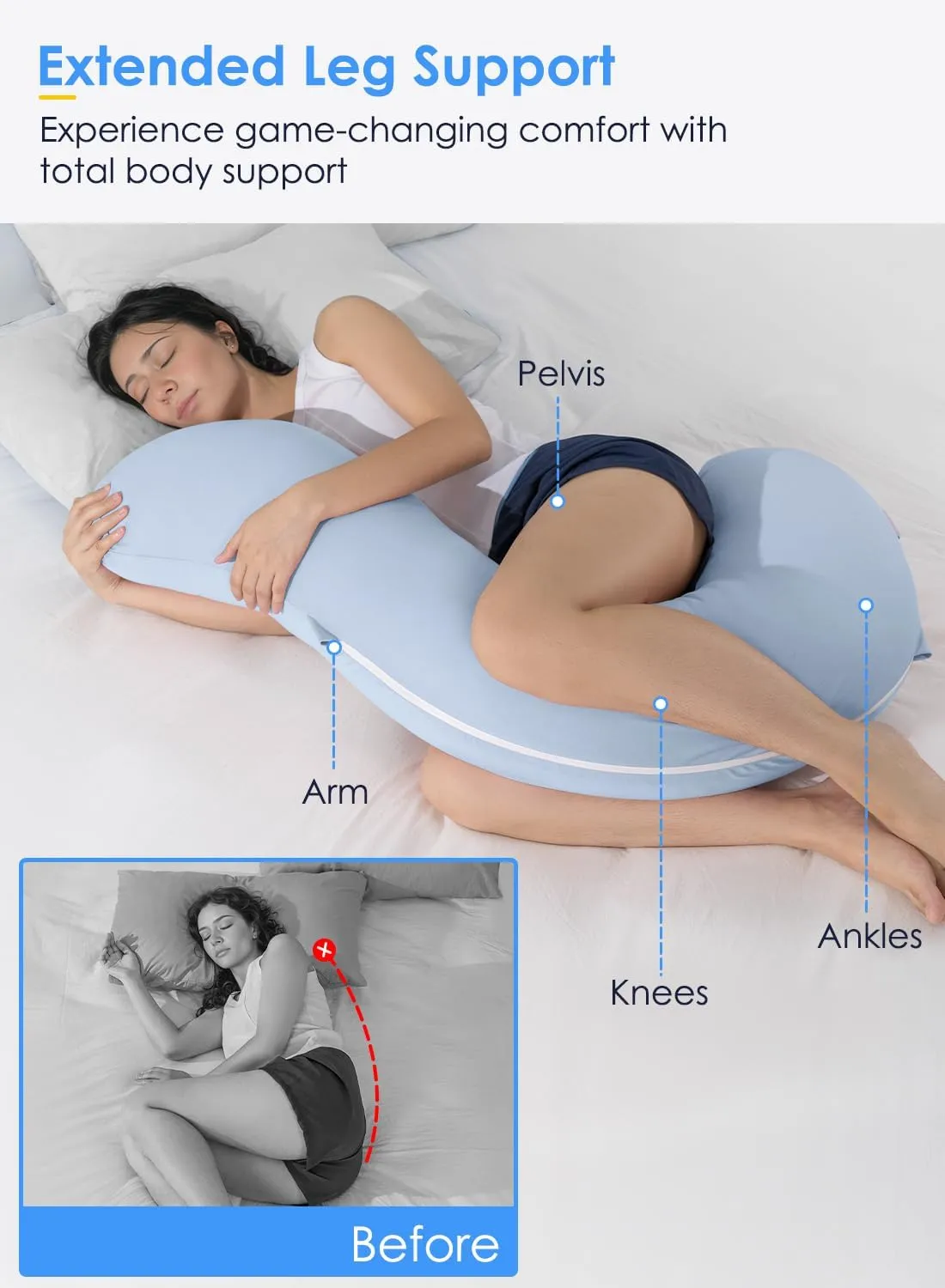 QUEEN ROSE Cooling Body Pillow, Full Body Support Pillow for Side Sleepers, Soft S Shaped Hug Pillow for Adults, with Removable Pillowcase, Blue