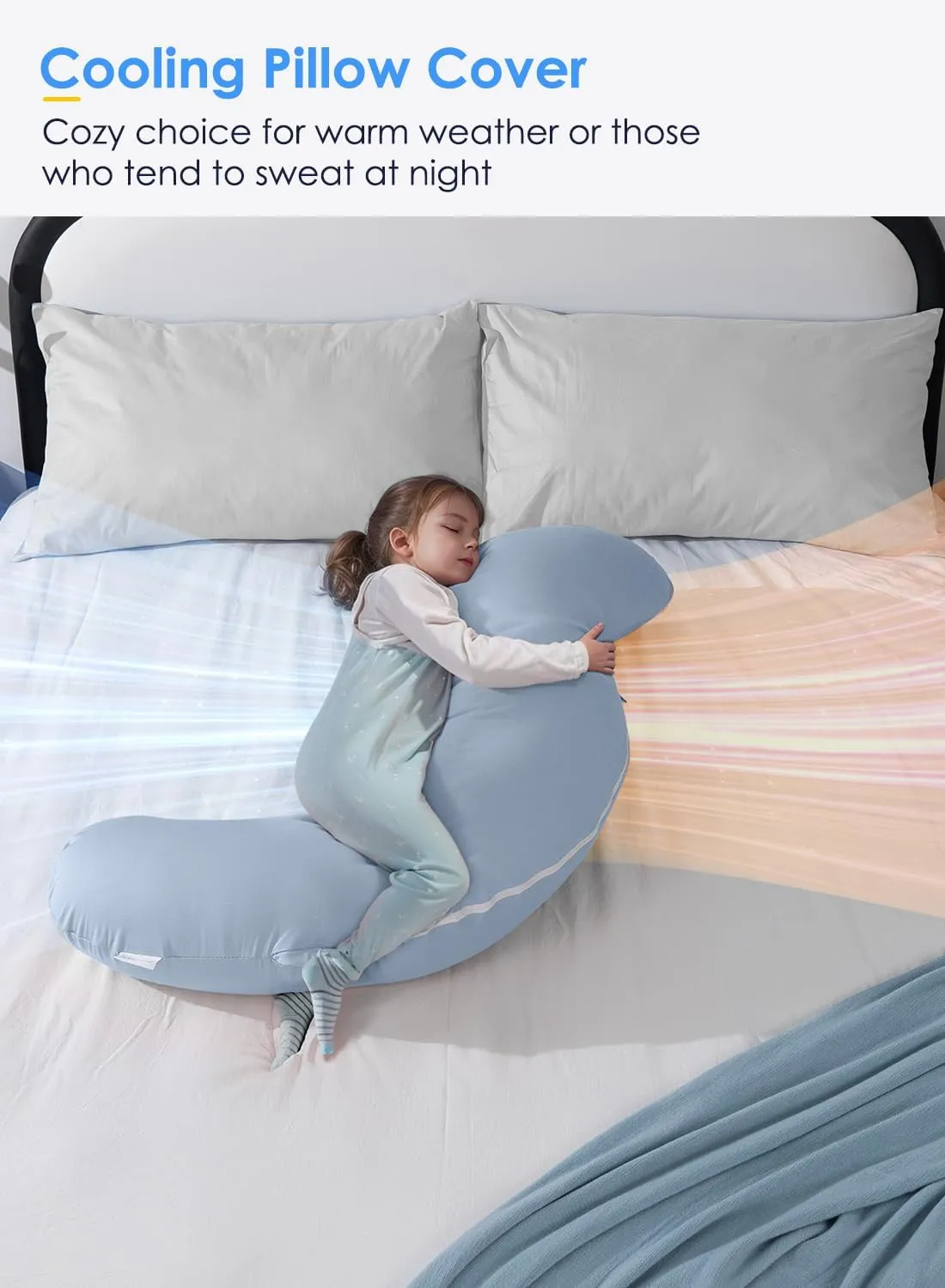 QUEEN ROSE Cooling Body Pillow, Full Body Support Pillow for Side Sleepers, Soft S Shaped Hug Pillow for Adults, with Removable Pillowcase, Blue