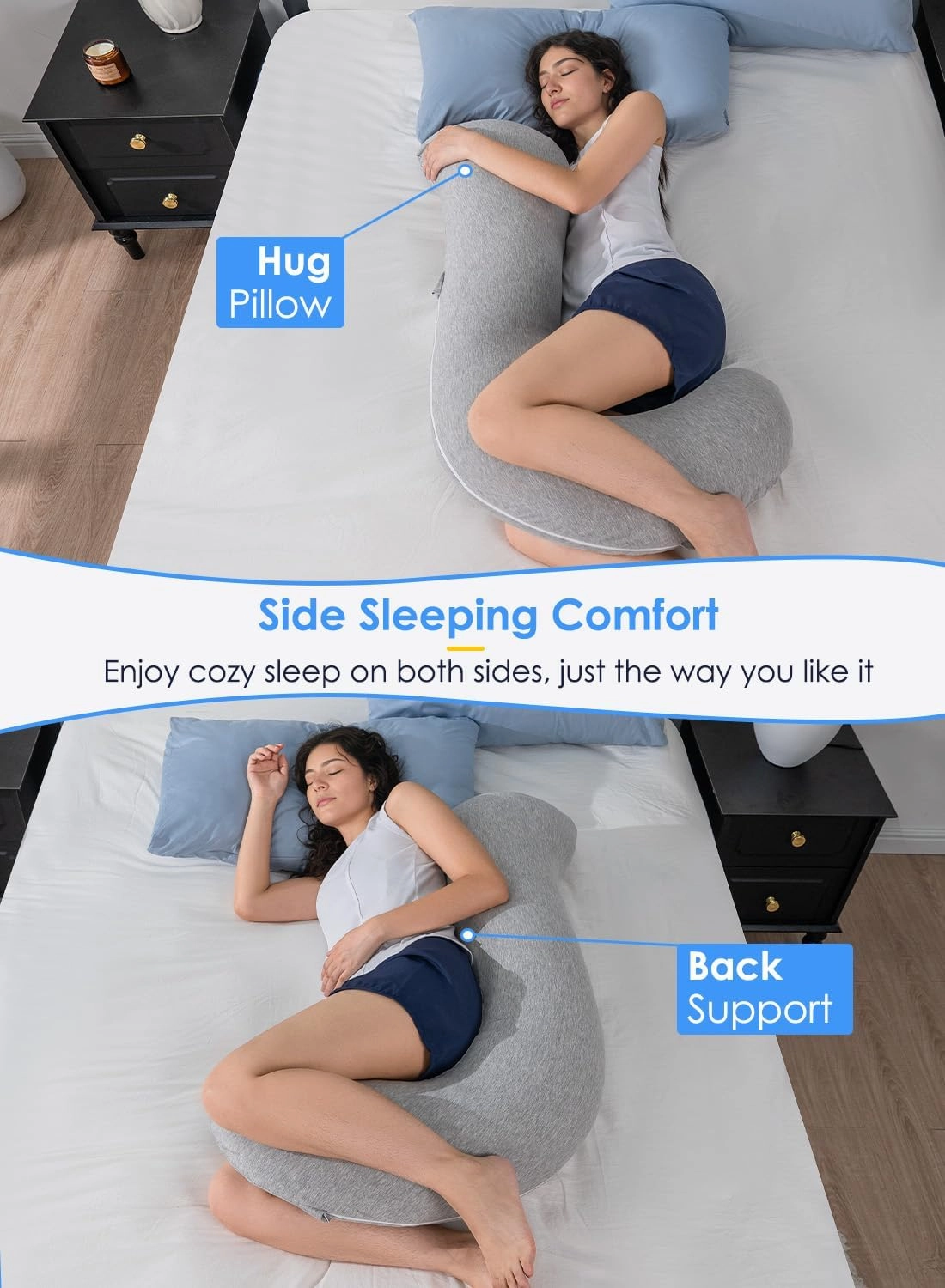 QUEEN ROSE Body Pillow, Full Body Support Pillow for Side Sleepers, Cooling Soft S Shaped Hug Pillow for Adults, Grey