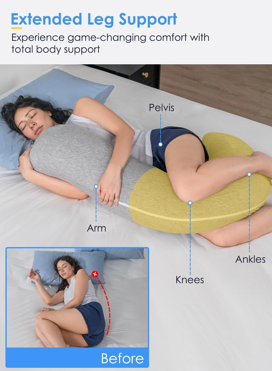 QUEEN ROSE Body Pillow, Full Body Support Pillow for Side Sleepers, Cooling Soft S Shaped Hug Pillow for Adults, Grey