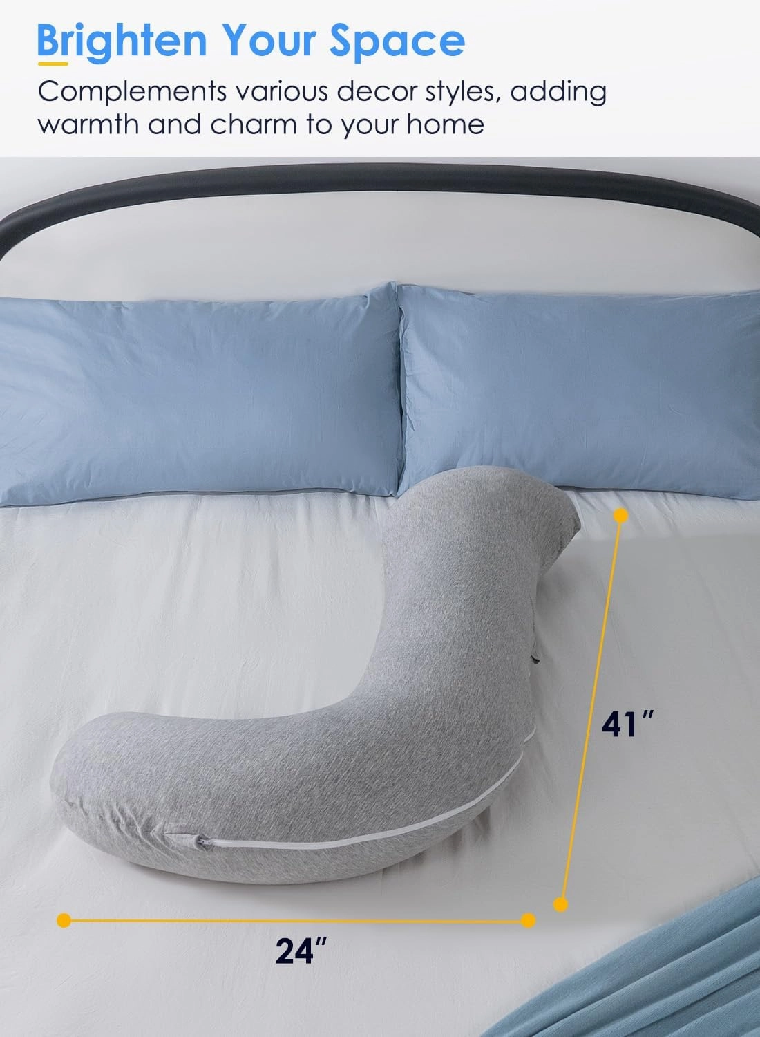 QUEEN ROSE Body Pillow, Full Body Support Pillow for Side Sleepers, Cooling Soft S Shaped Hug Pillow for Adults, Grey