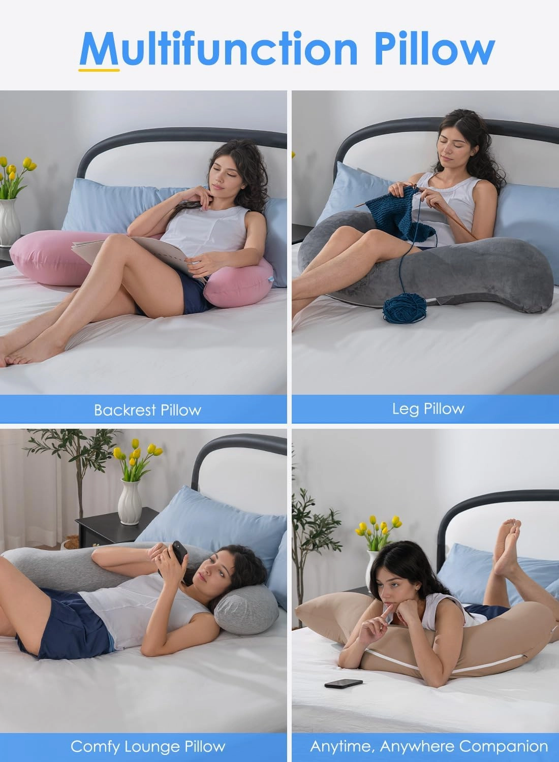 QUEEN ROSE Cooling Body Pillow, Full Body Support Pillow for Side Sleepers, Soft S Shaped Hug Pillow for Adults, Pink
