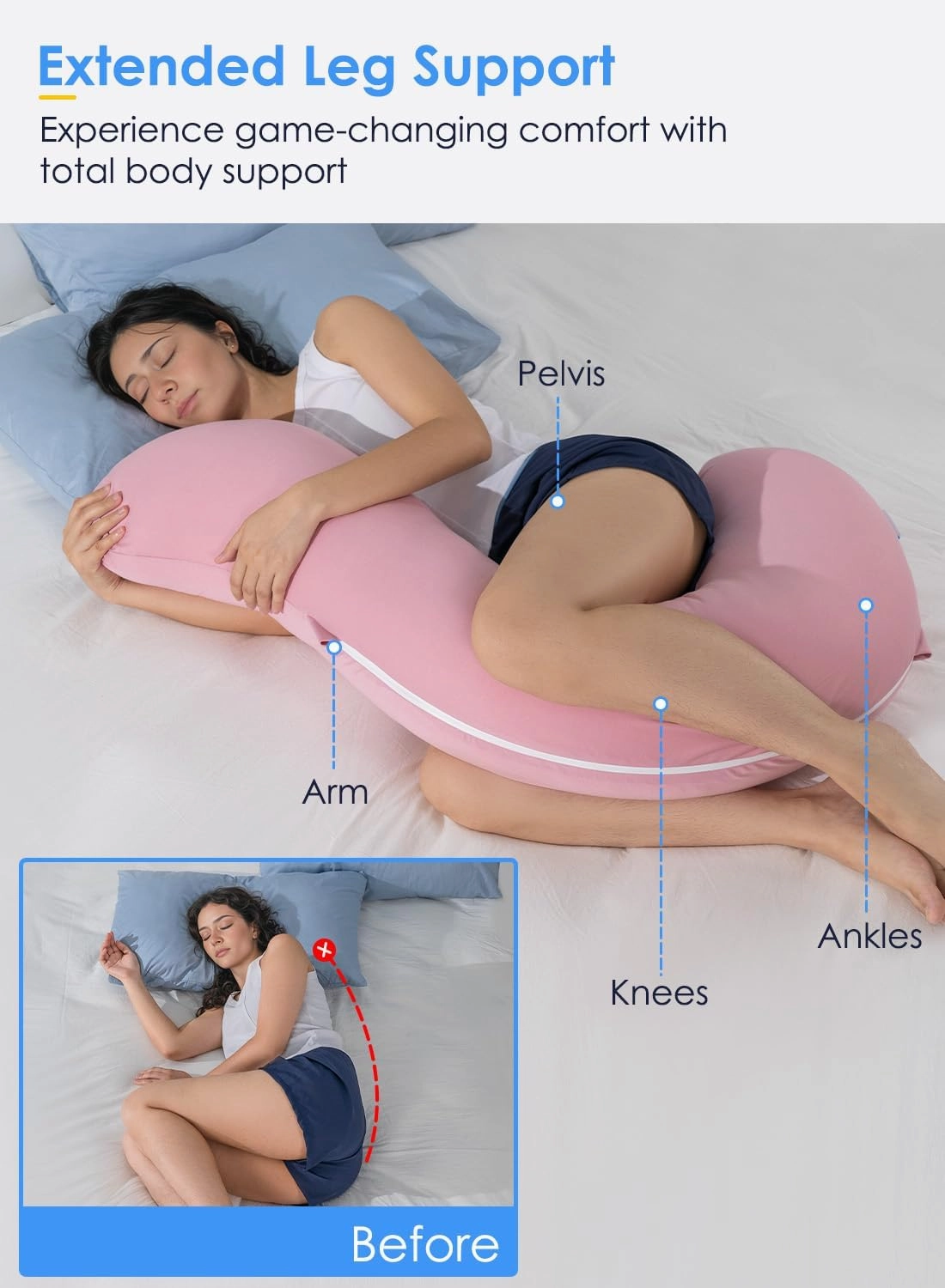 QUEEN ROSE Cooling Body Pillow, Full Body Support Pillow for Side Sleepers, Soft S Shaped Hug Pillow for Adults, Pink