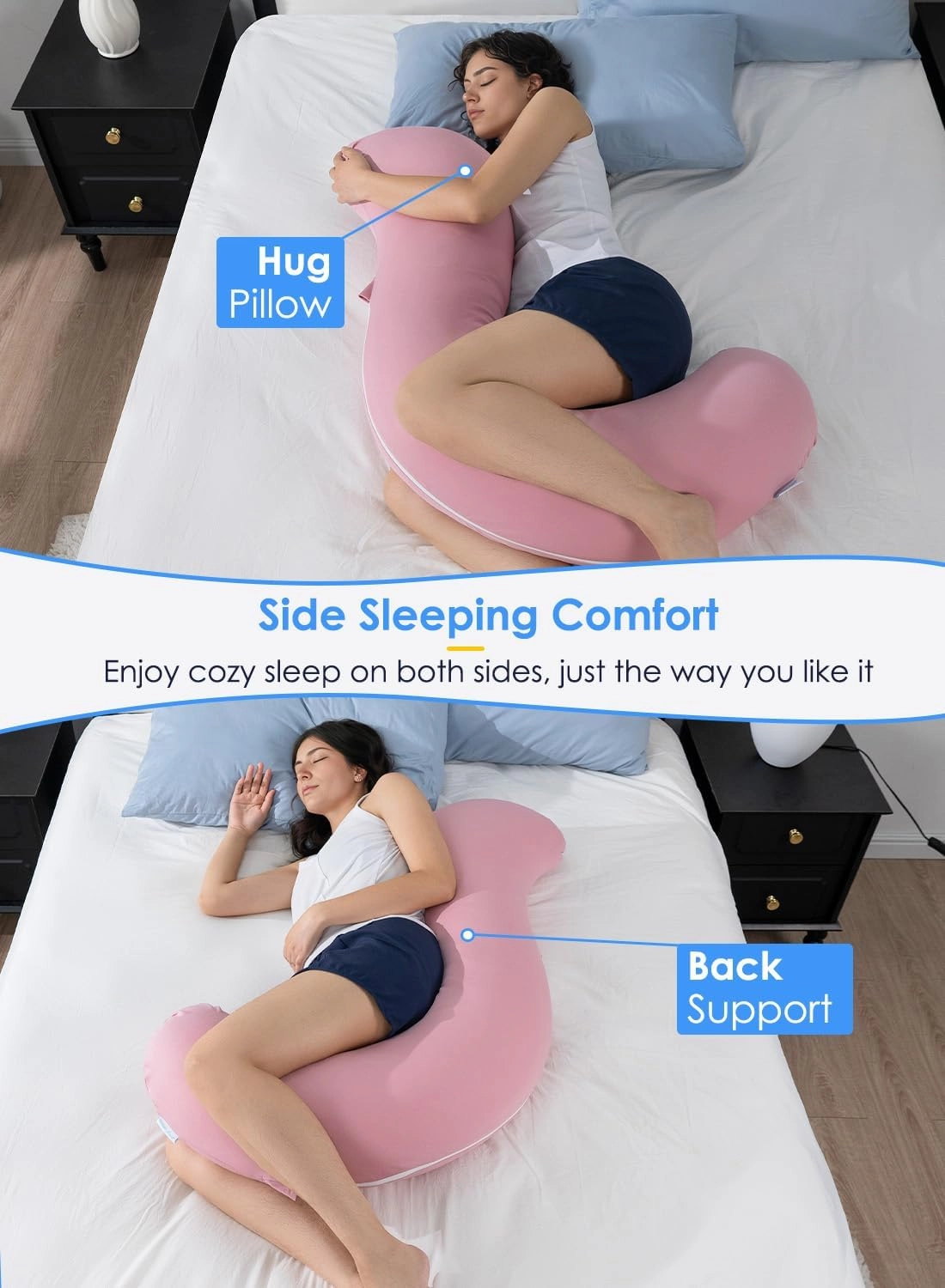 QUEEN ROSE Cooling Body Pillow, Full Body Support Pillow for Side Sleepers, Soft S Shaped Hug Pillow for Adults, Pink