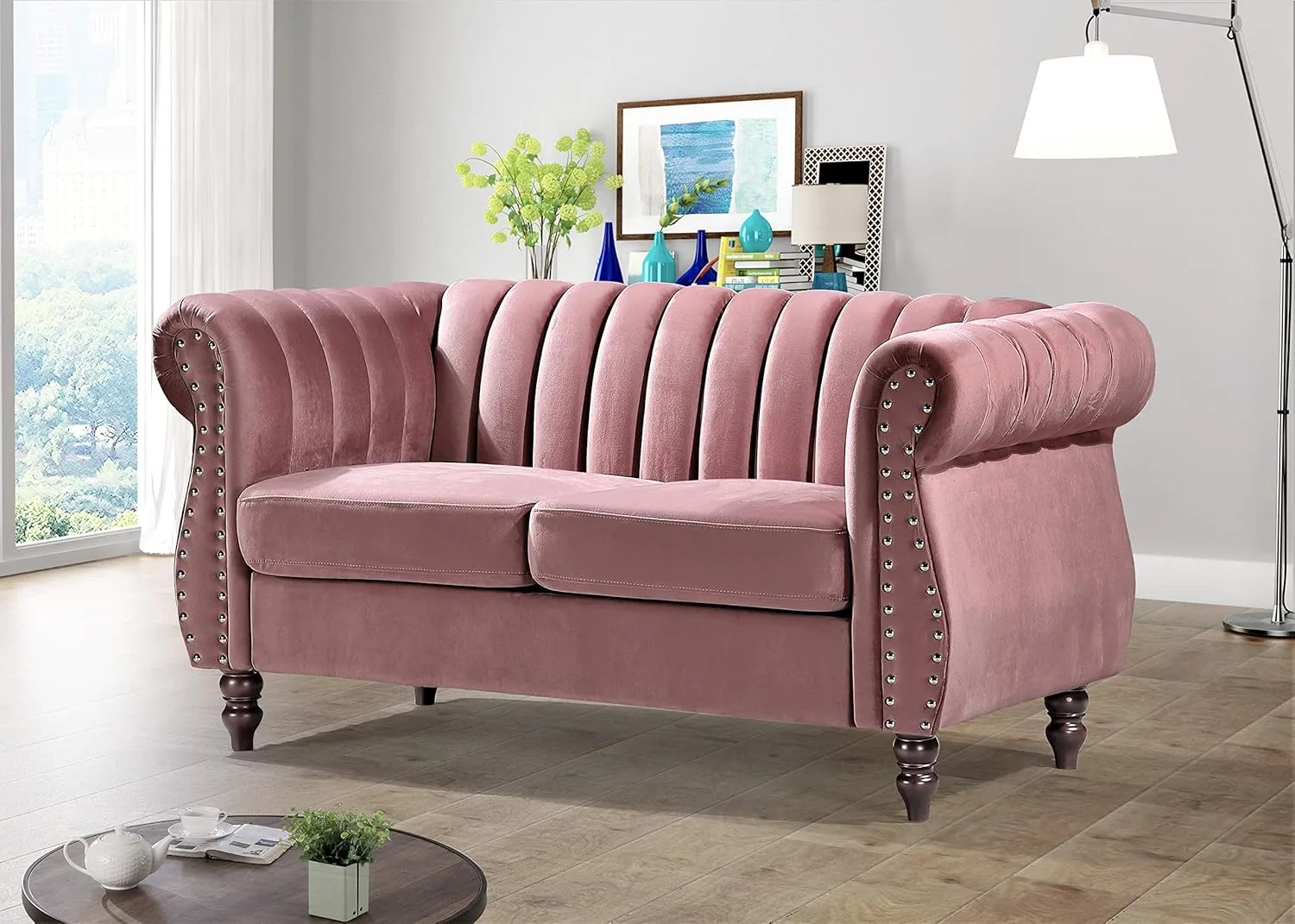Quinones Modern Chesterfield Channel Tufted Loveseat with Nailhead Accents, 59.1", Rose