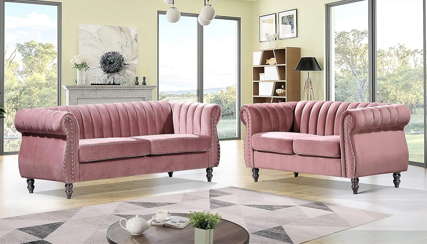 Quinones Modern Chesterfield Channel Tufted Loveseat with Nailhead Accents, 59.1", Rose