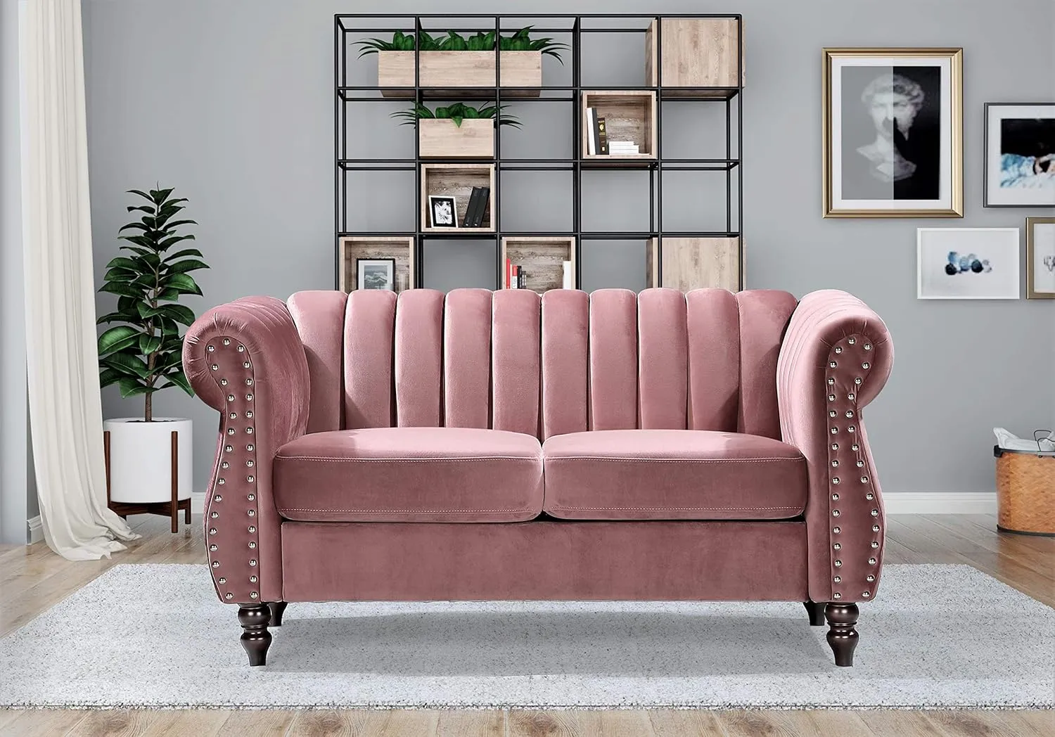 Quinones Modern Chesterfield Channel Tufted Loveseat with Nailhead Accents, 59.1", Rose