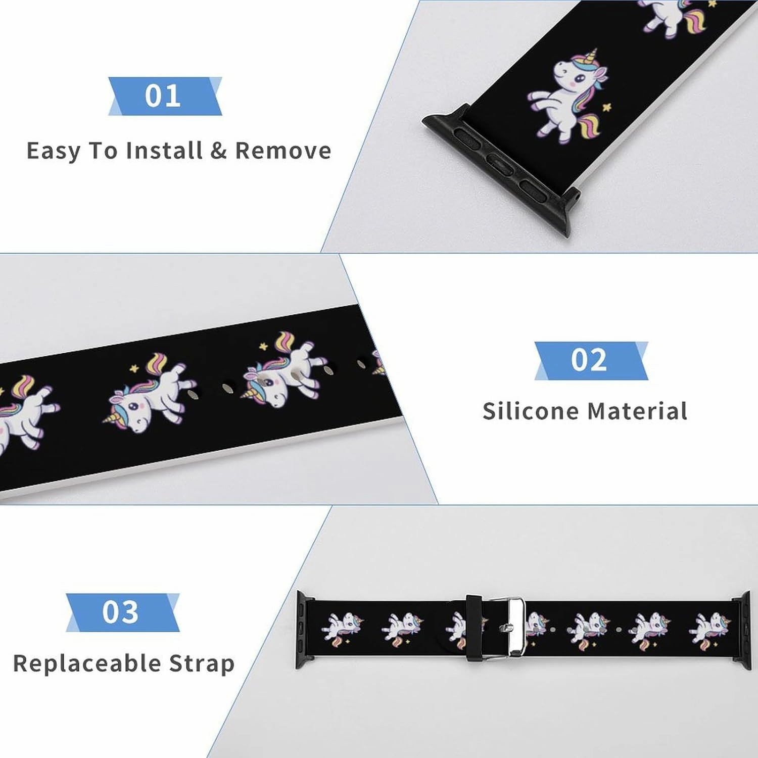 Rainbow Horse Adjustable Silicone Watchband Compatible with IWatch Classic Soft Sports Watch Strap for Men Women