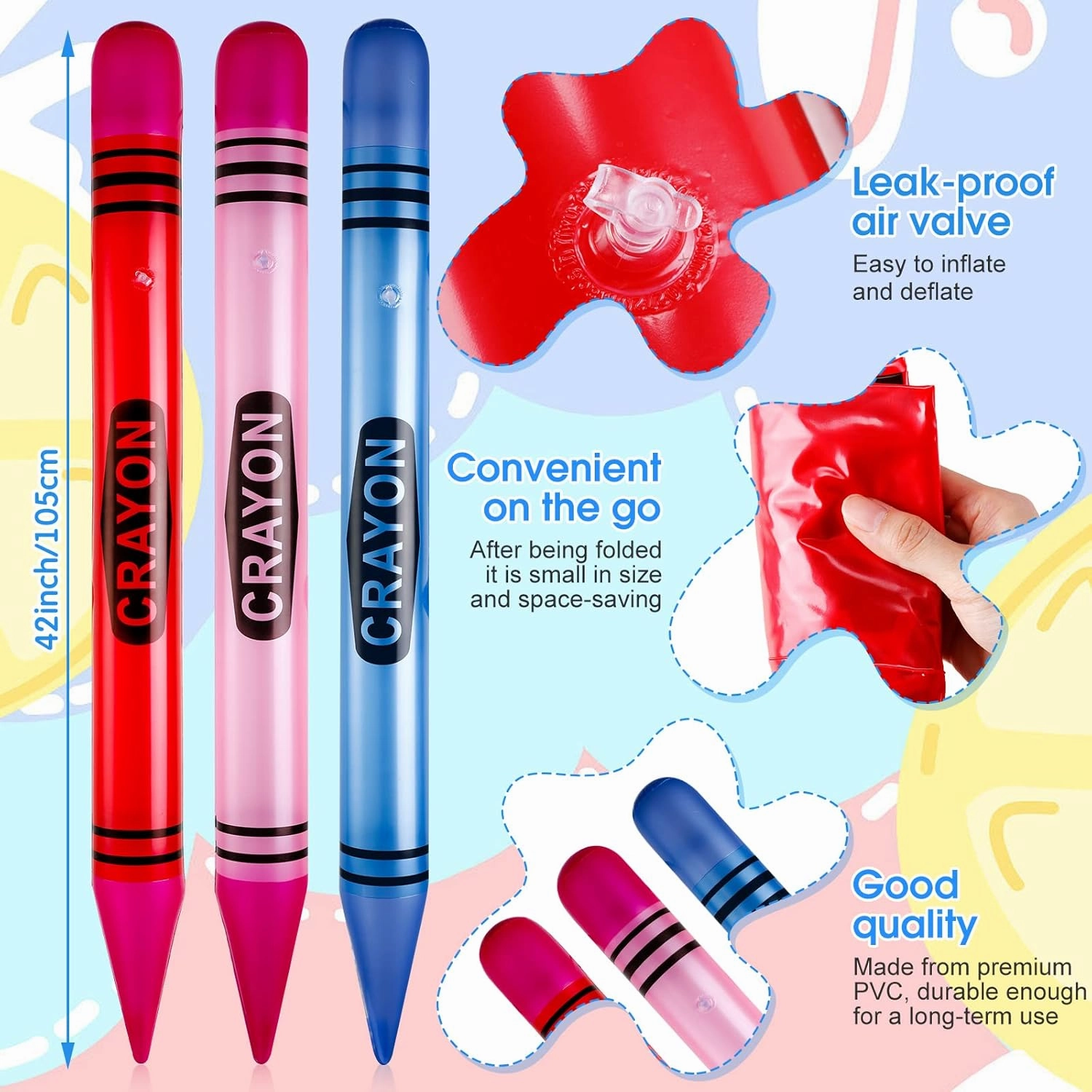 Raiten 12 Pcs Inflatable Crayons Jumbo 41.34 Inch Big Blow up Crayon Set Thick Large Inflatable Crayon Decorations Giant Crayons Prop for Birthday Kids Party Favors Classroom School Supplies