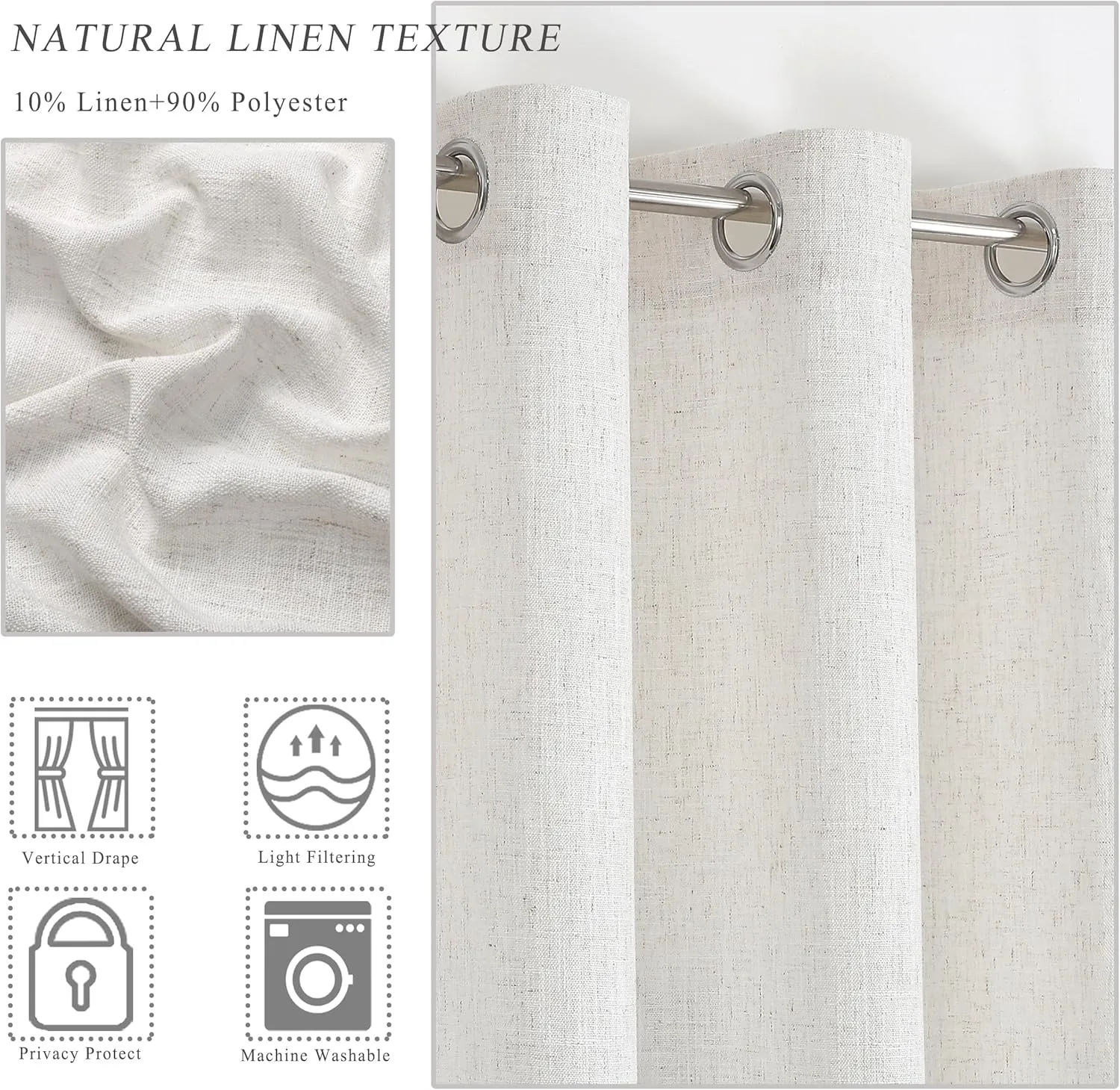 Randall Cream White Linen Semi Sheer Curtain Panels 95 Inches Long with Grommet Top Rustic Farmhouse Window Treatment Drapery for Bedroom Living Room, 54"x95"x2, Cream White/Linen