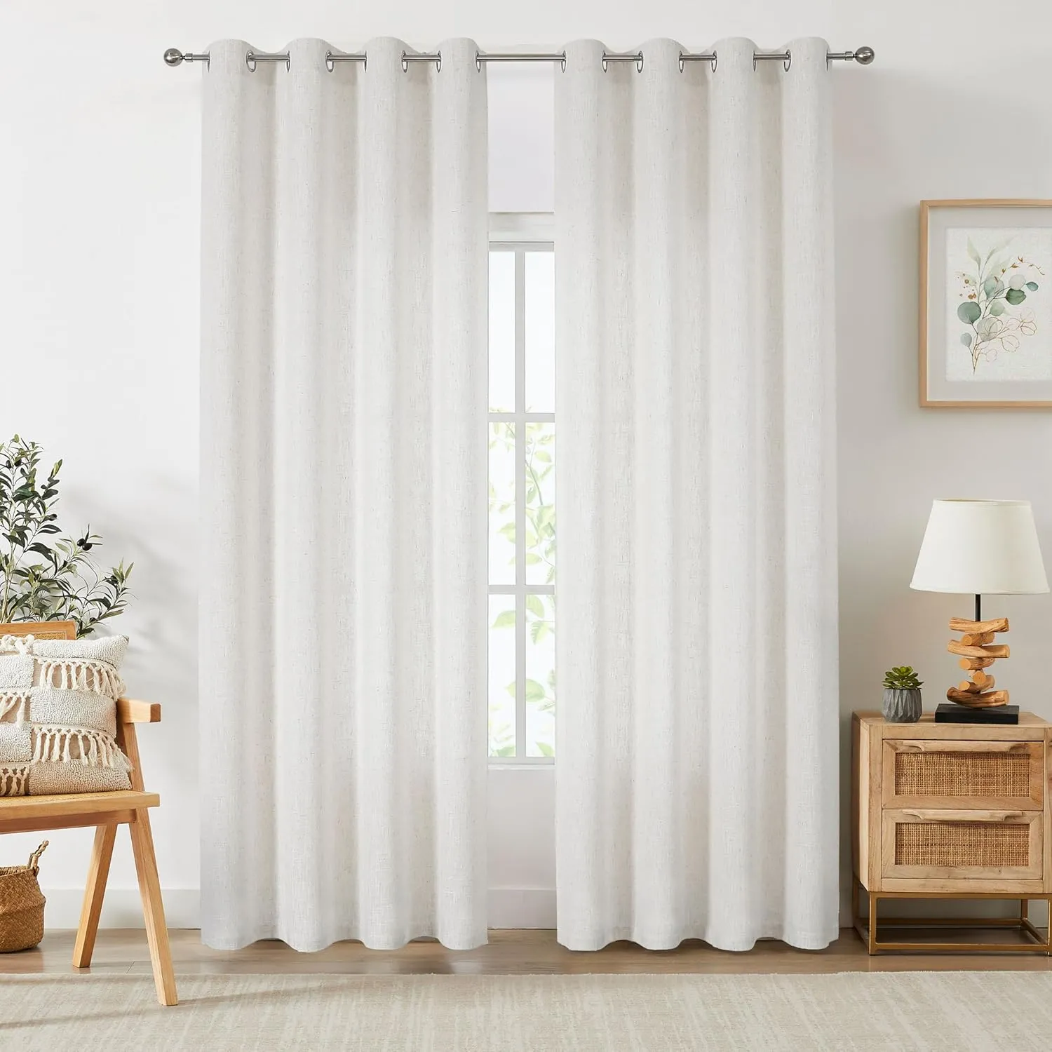 Randall Cream White Linen Semi Sheer Curtain Panels 95 Inches Long with Grommet Top Rustic Farmhouse Window Treatment Drapery for Bedroom Living Room, 54"x95"x2, Cream White/Linen