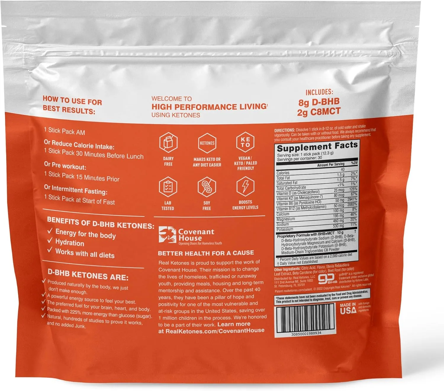 Real Ketones MCT & BHB Exogenous Ketones Drink Mix Packets Elevate Keto Electrolytes Powder Packets No Sugar with 4 Main Electrolytes Plus Hydrating Proprietary Keto BHB - 30 Pack Orange