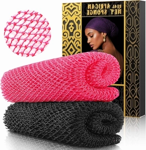Real African Bath Sponge - 2 Pieces Authentic Exfoliating Net Scrubber, Gentle for Sensitive Skin, Deep Clean Back, Legs & Body, Dries Fast & Odor-Free（Black Pink）