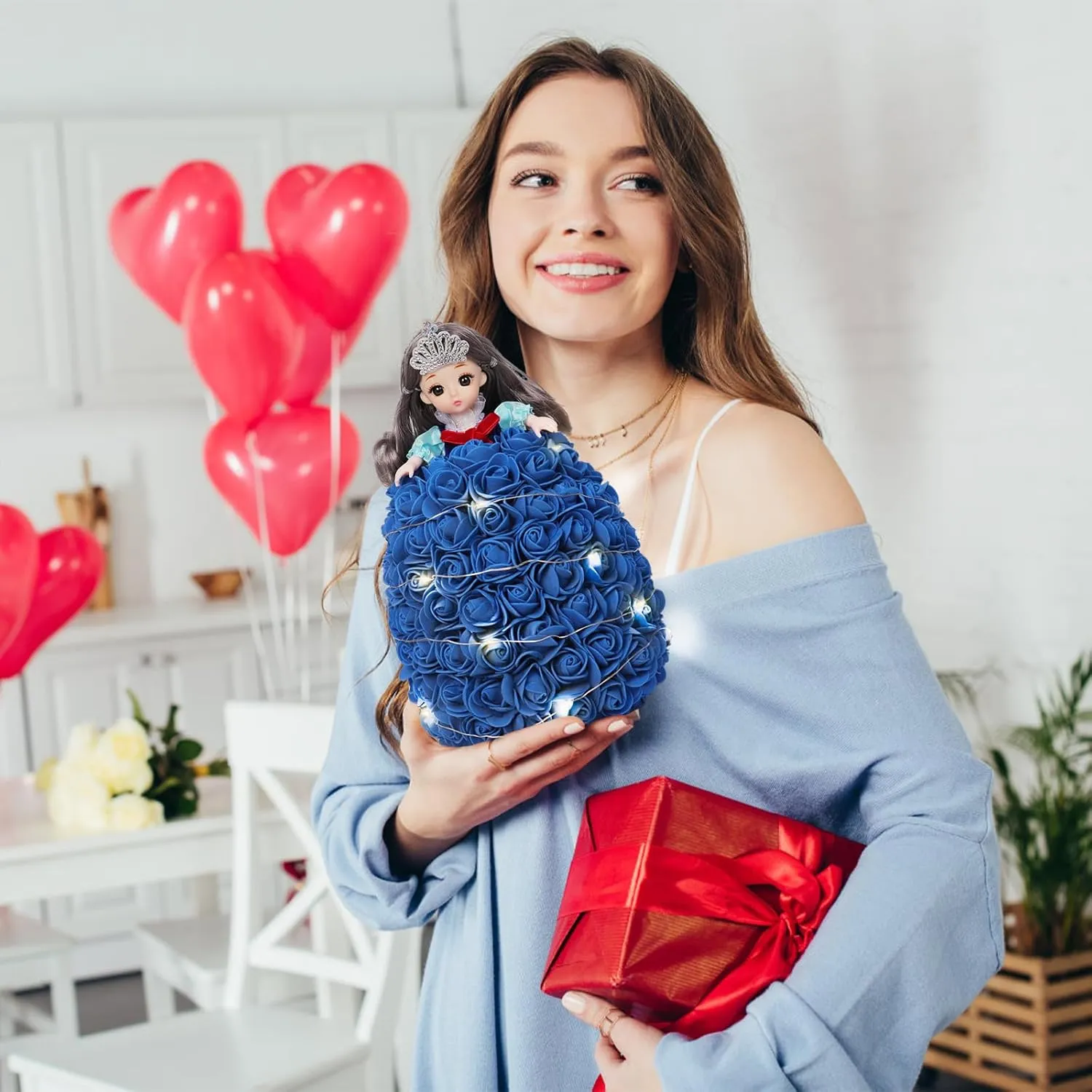 RECUTMS Gifts for Her, Doll with Roses Forever Rose Doll Flower Doll with Lights Perfect for Anniversary’s Cute Personalized Birthday for Women Girlfriend (Royal Blue)