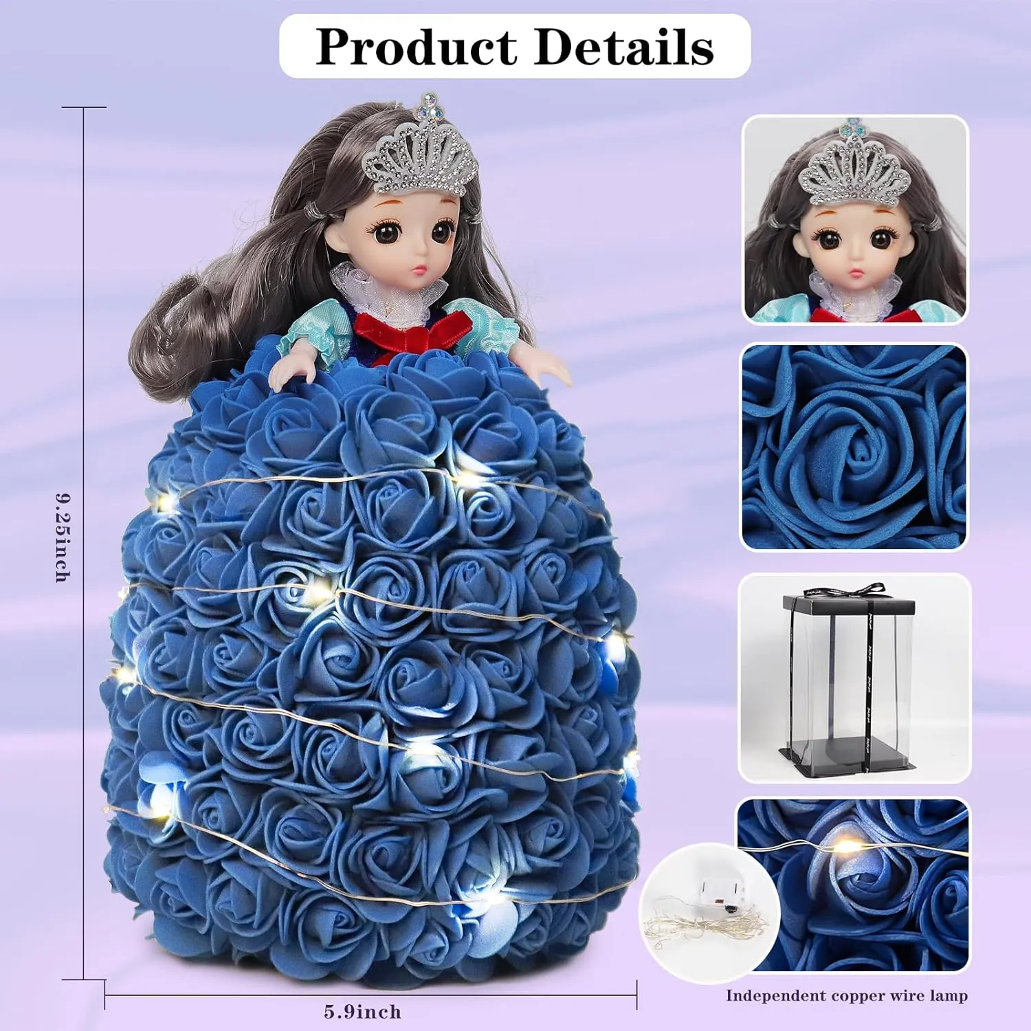 RECUTMS Gifts for Her, Doll with Roses Forever Rose Doll Flower Doll with Lights Perfect for Anniversary’s Cute Personalized Birthday for Women Girlfriend (Royal Blue)