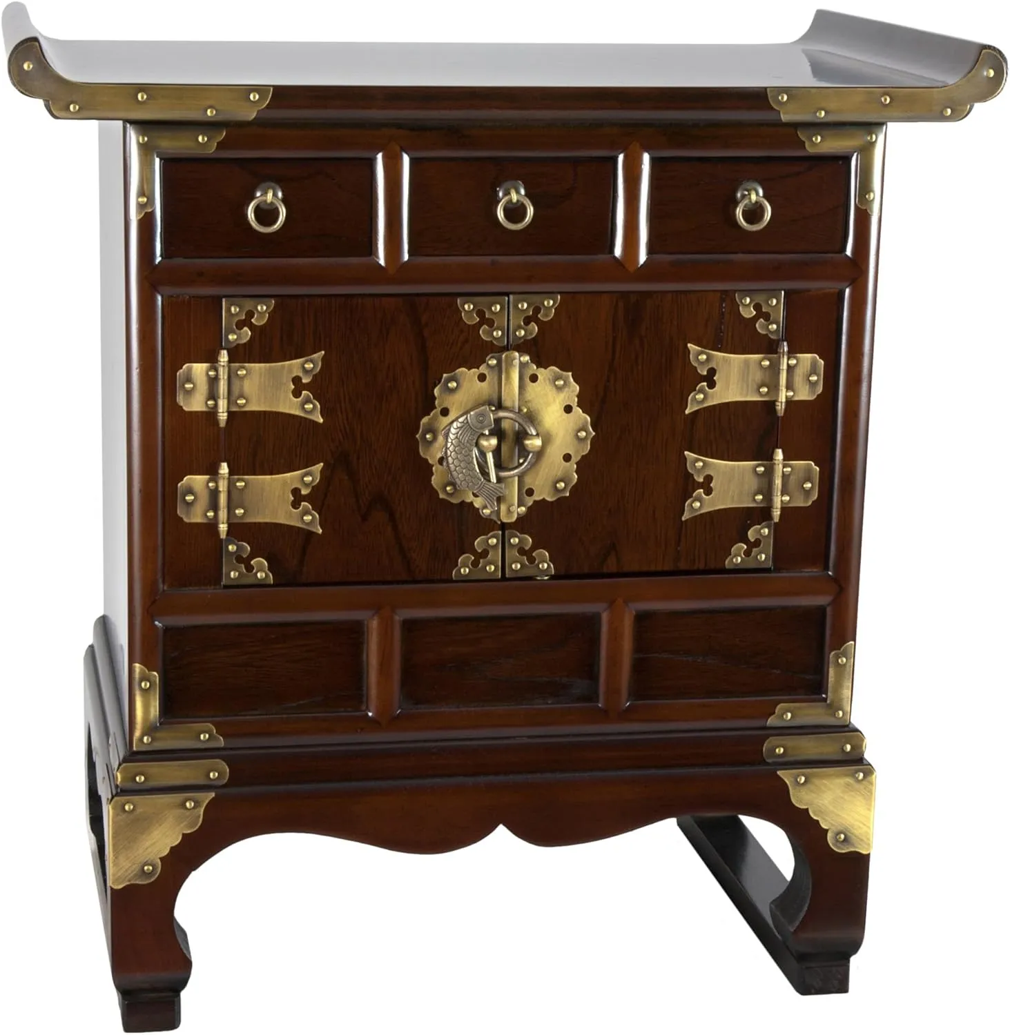Red Lantern Korean Antique Style 3 Drawer End Table Cabinet, Cognac