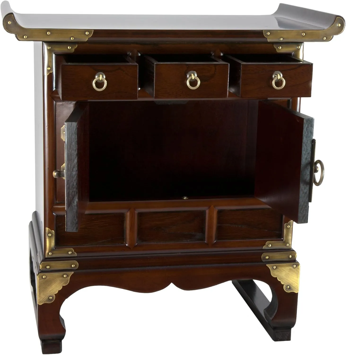 Red Lantern Korean Antique Style 3 Drawer End Table Cabinet, Cognac