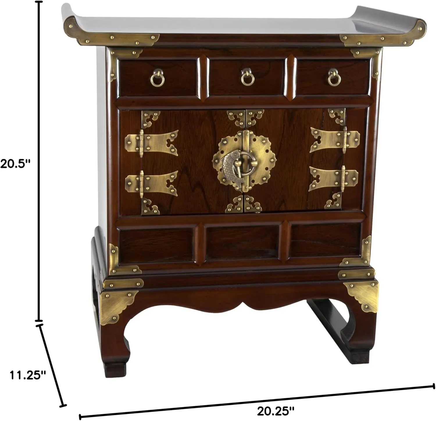 Red Lantern Korean Antique Style 3 Drawer End Table Cabinet, Cognac