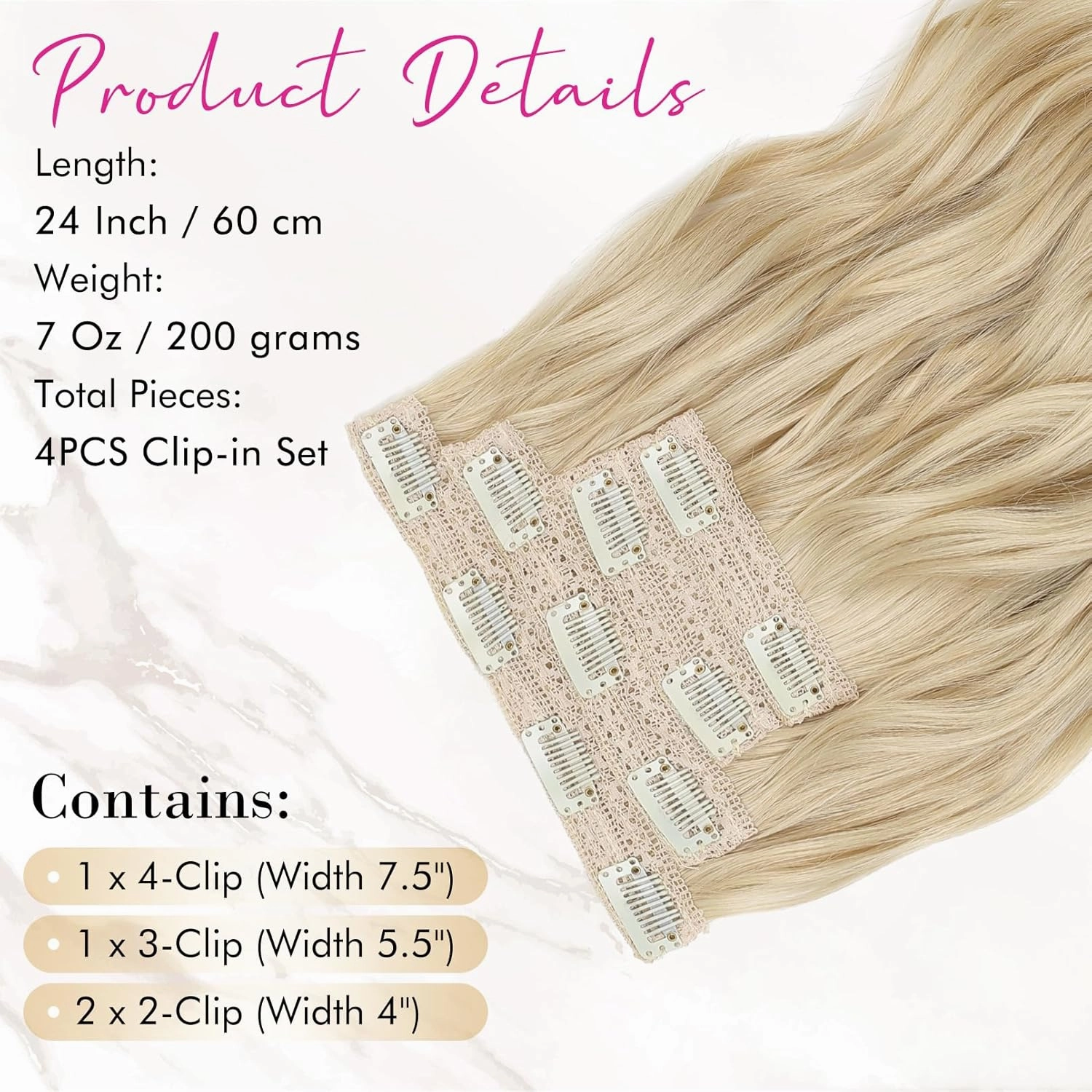 REECHO Clip in Hair Extensions, 4PCS Blonde Hair Extensions 24" Thick Long Beach Waves hair extensions HE003 Invisible Lace Weft Natural Soft Hairpieces for Women – Natural Blonde