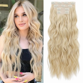 REECHO Clip in Hair Extensions, 4PCS Blonde Hair Extensions 24" Thick Long Beach Waves hair extensions HE003 Invisible Lace Weft Natural Soft Hairpieces for Women – Natural Blonde