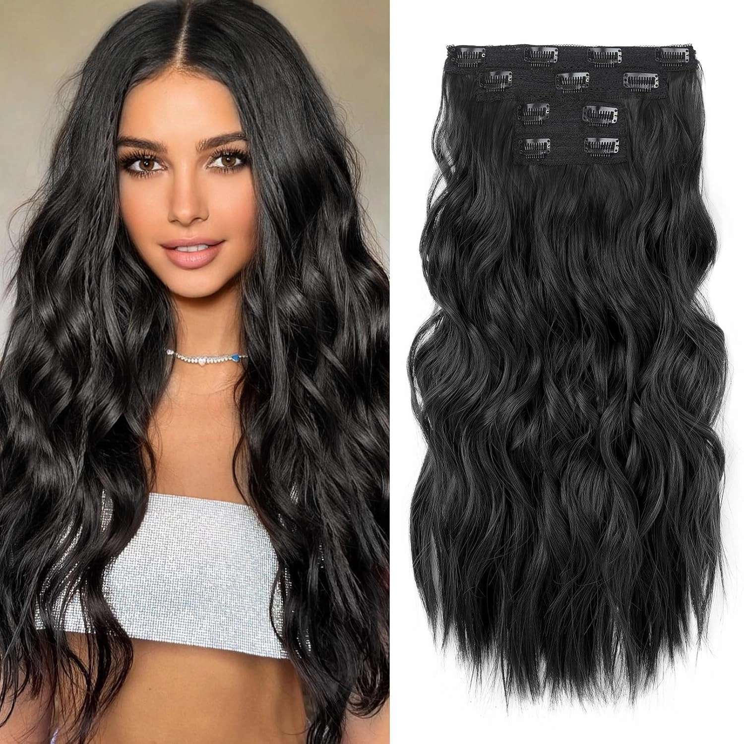 REECHO Hair Extensions, 4PCS Clip in Hair Extensions 24" Thick Long Beach Waves Black hair extensions HE003 Invisible Lace Weft Natural Soft Synthetic Hairpieces for Women – Black