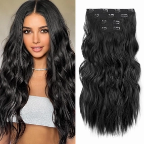 REECHO Hair Extensions, 4PCS Clip in Hair Extensions 24" Thick Long Beach Waves Black hair extensions HE003 Invisible Lace Weft Natural Soft Synthetic Hairpieces for Women – Black