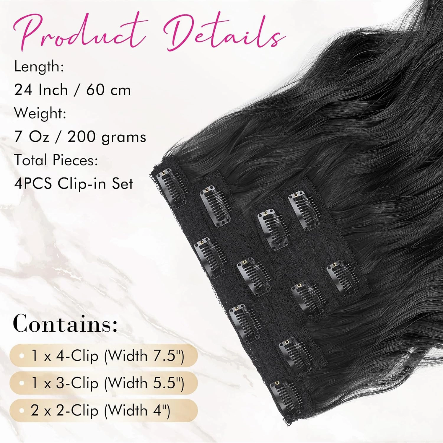 REECHO Hair Extensions, 4PCS Clip in Hair Extensions 24" Thick Long Beach Waves Black hair extensions HE003 Invisible Lace Weft Natural Soft Synthetic Hairpieces for Women – Black