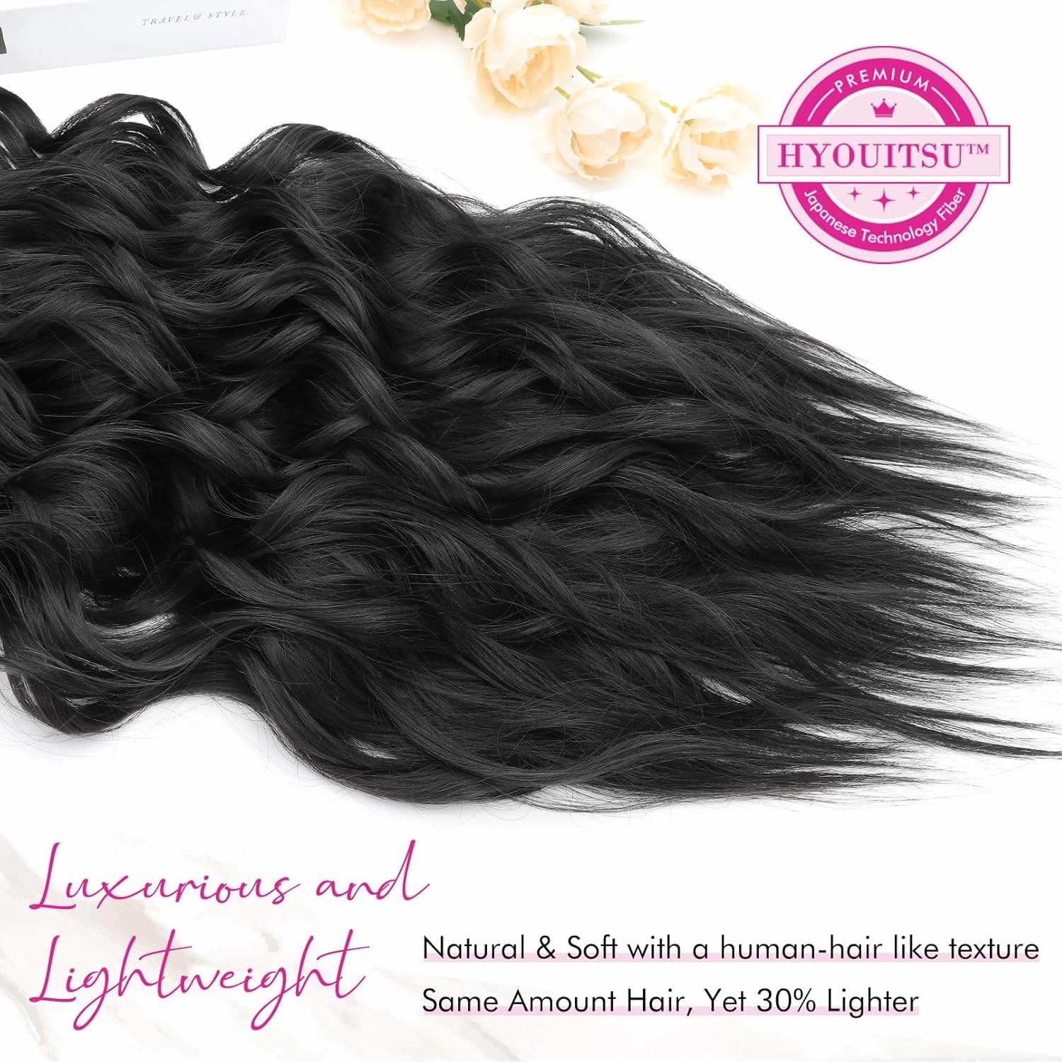 REECHO Hair Extensions, 4PCS Clip in Hair Extensions 24" Thick Long Beach Waves Black hair extensions HE003 Invisible Lace Weft Natural Soft Synthetic Hairpieces for Women – Black