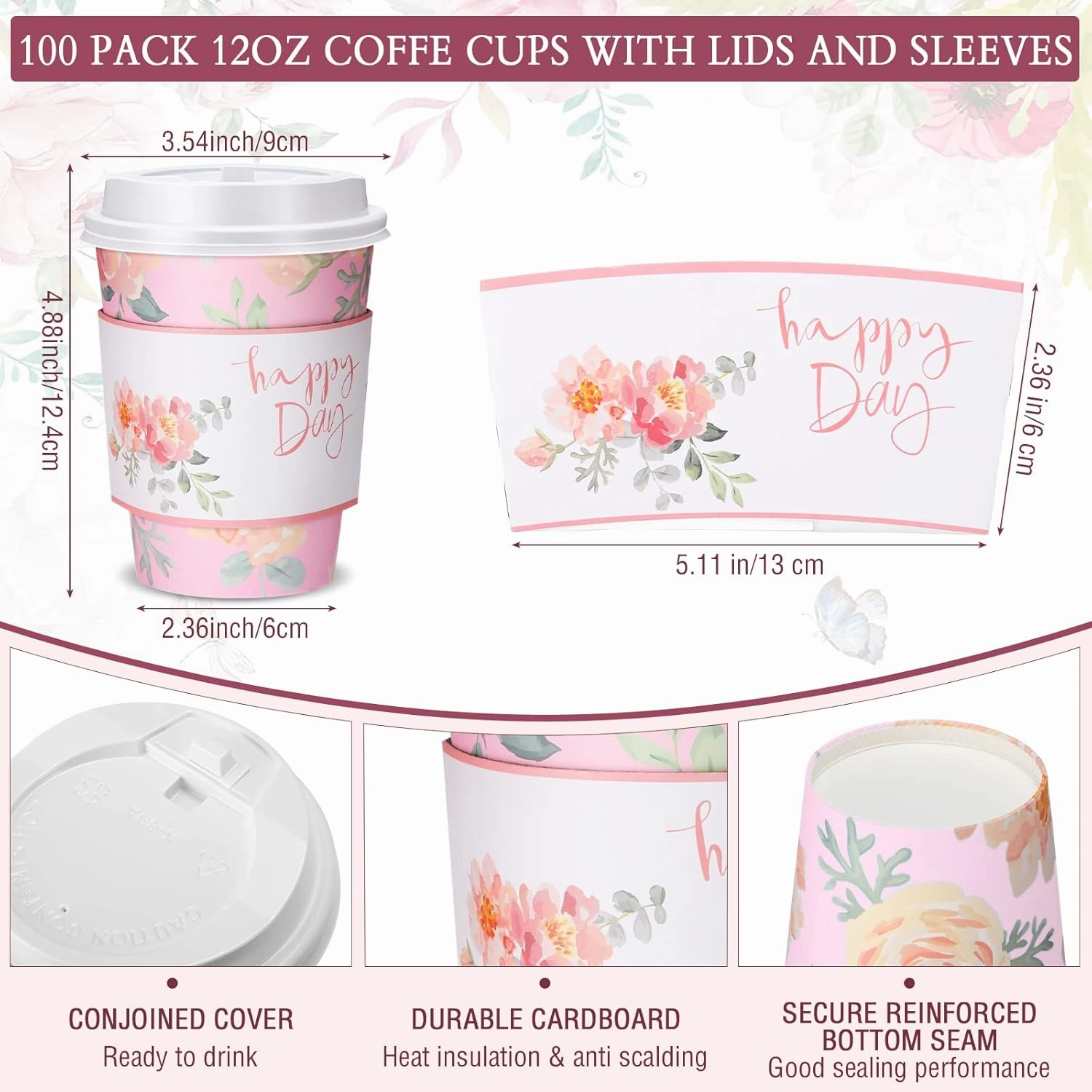 Remerry 100 Pcs 12oz Floral Disposable Coffee Cups with 100 Lids and 100 Sleeves Paper Insulated Drink Hot Coffee Paper Cups with Dome Lids and Sleeves for Parties Wedding Baby Shower(Fresh)