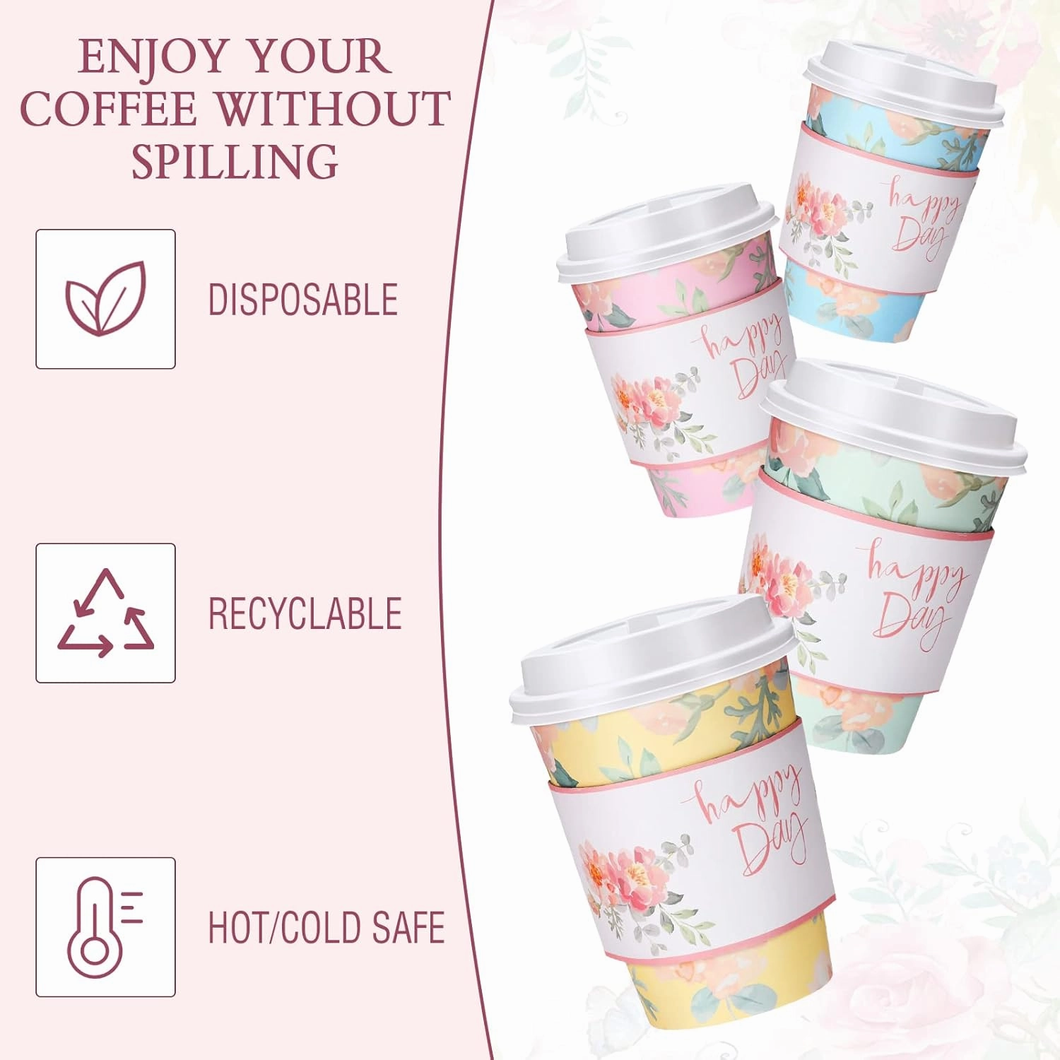 Remerry 100 Pcs 12oz Floral Disposable Coffee Cups with 100 Lids and 100 Sleeves Paper Insulated Drink Hot Coffee Paper Cups with Dome Lids and Sleeves for Parties Wedding Baby Shower(Fresh)