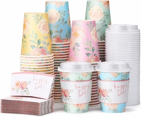 Remerry 100 Pcs 12oz Floral Disposable Coffee Cups with 100 Lids and 100 Sleeves Paper Insulated Drink Hot Coffee Paper Cups with Dome Lids and Sleeves for Parties Wedding Baby Shower(Fresh)