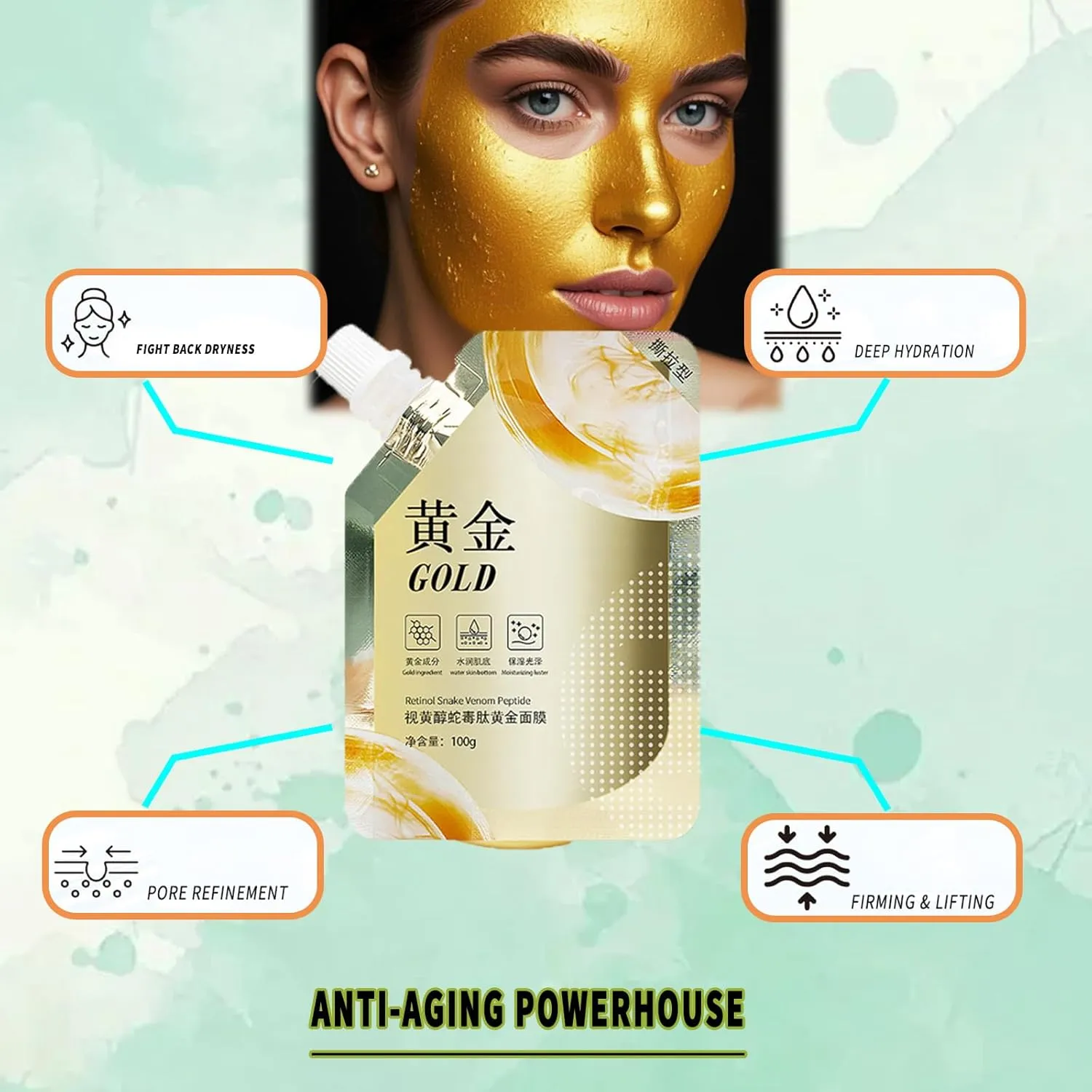 Retinol & Snake Venom Gold Foil Peel Off Face Mask with Collagen & Silicon Brush - Anti-Aging Hydrating Mask for Deep Cleansing, Moisturizing Gold Mask Treatment (4PCS)