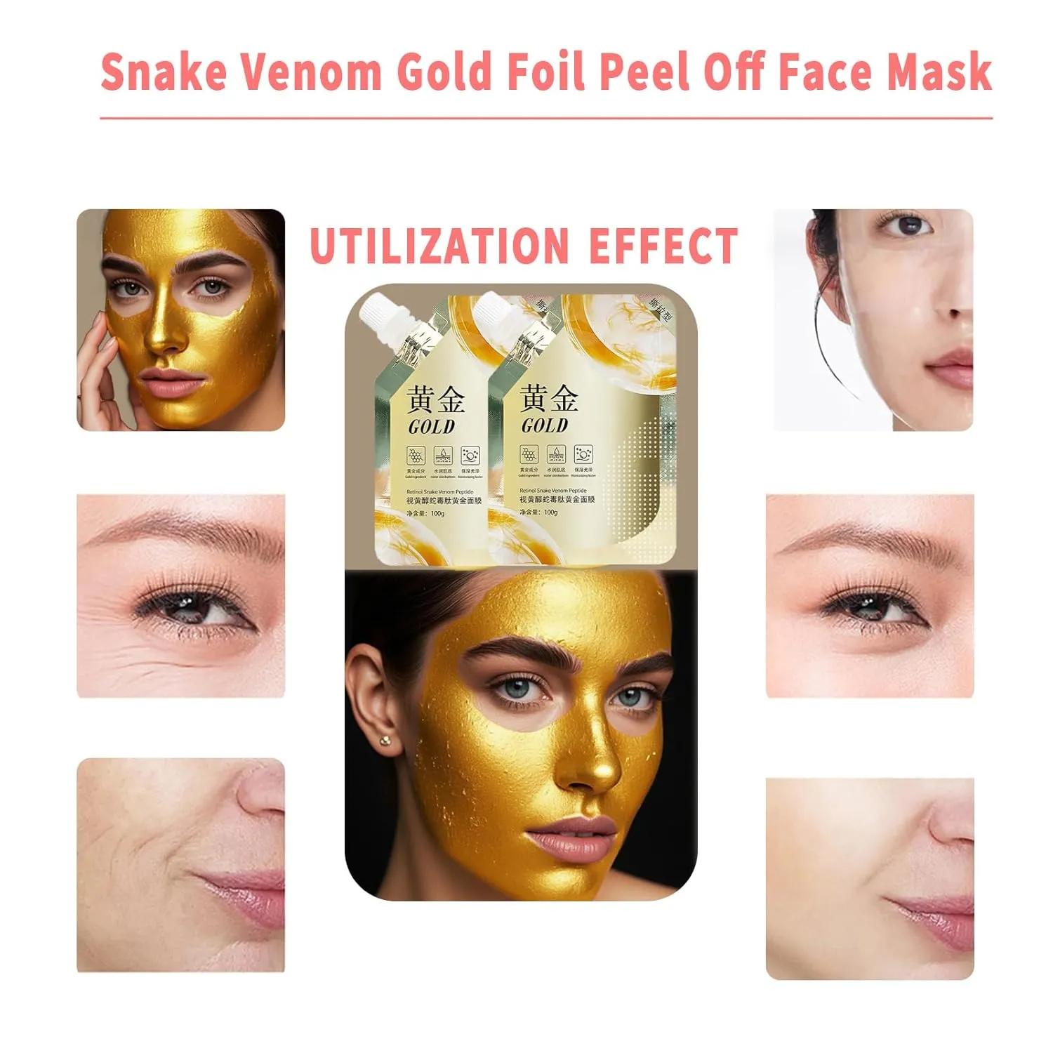 Retinol & Snake Venom Gold Foil Peel Off Face Mask with Collagen & Silicon Brush - Anti-Aging Hydrating Mask for Deep Cleansing, Moisturizing Gold Mask Treatment (4PCS)