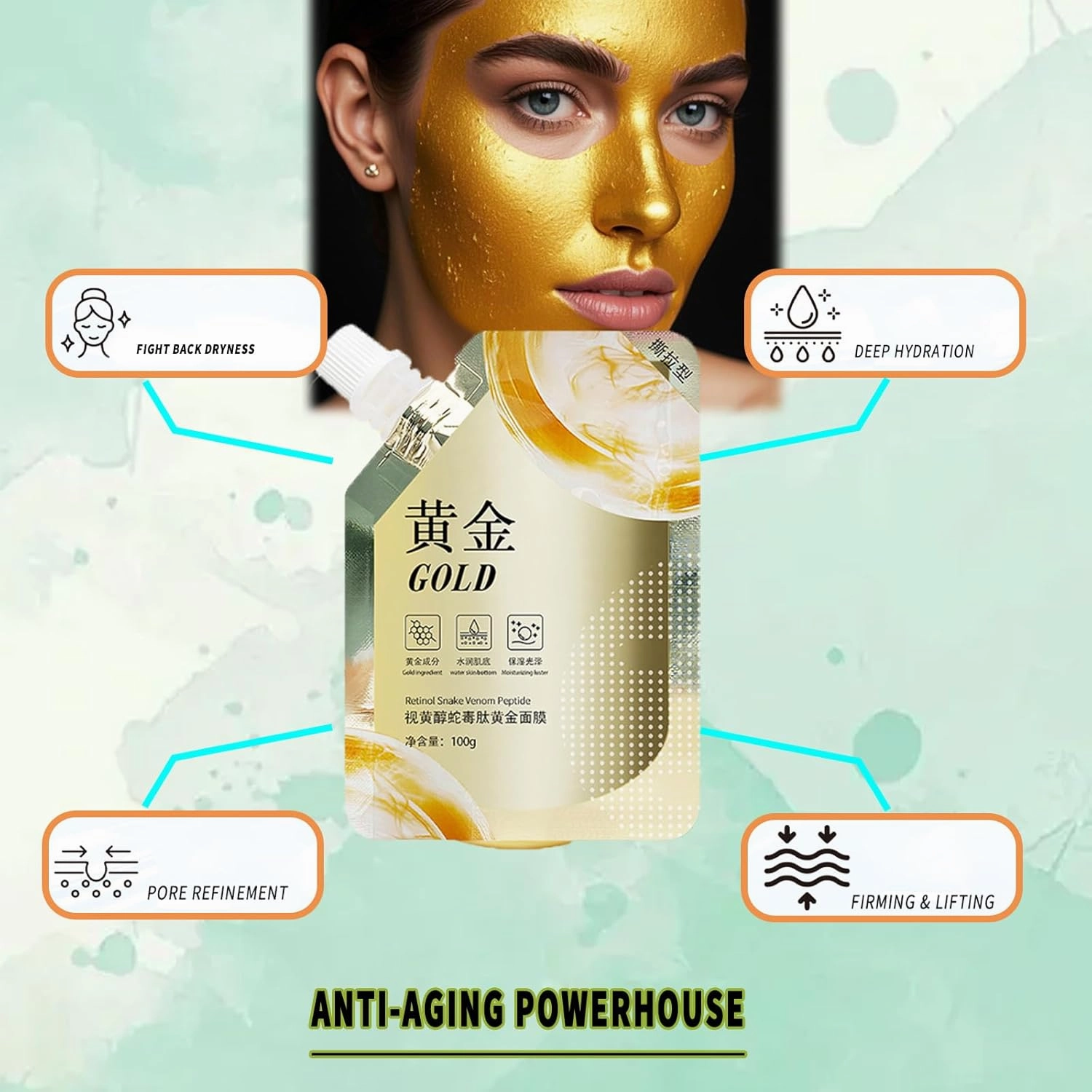 Retinol & Snake Venom Gold Foil Peel Off Face Mask with Collagen & Silicon Brush - Anti-Aging Hydrating Mask for Deep Cleansing, Moisturizing Gold Mask Treatment (6PCS)