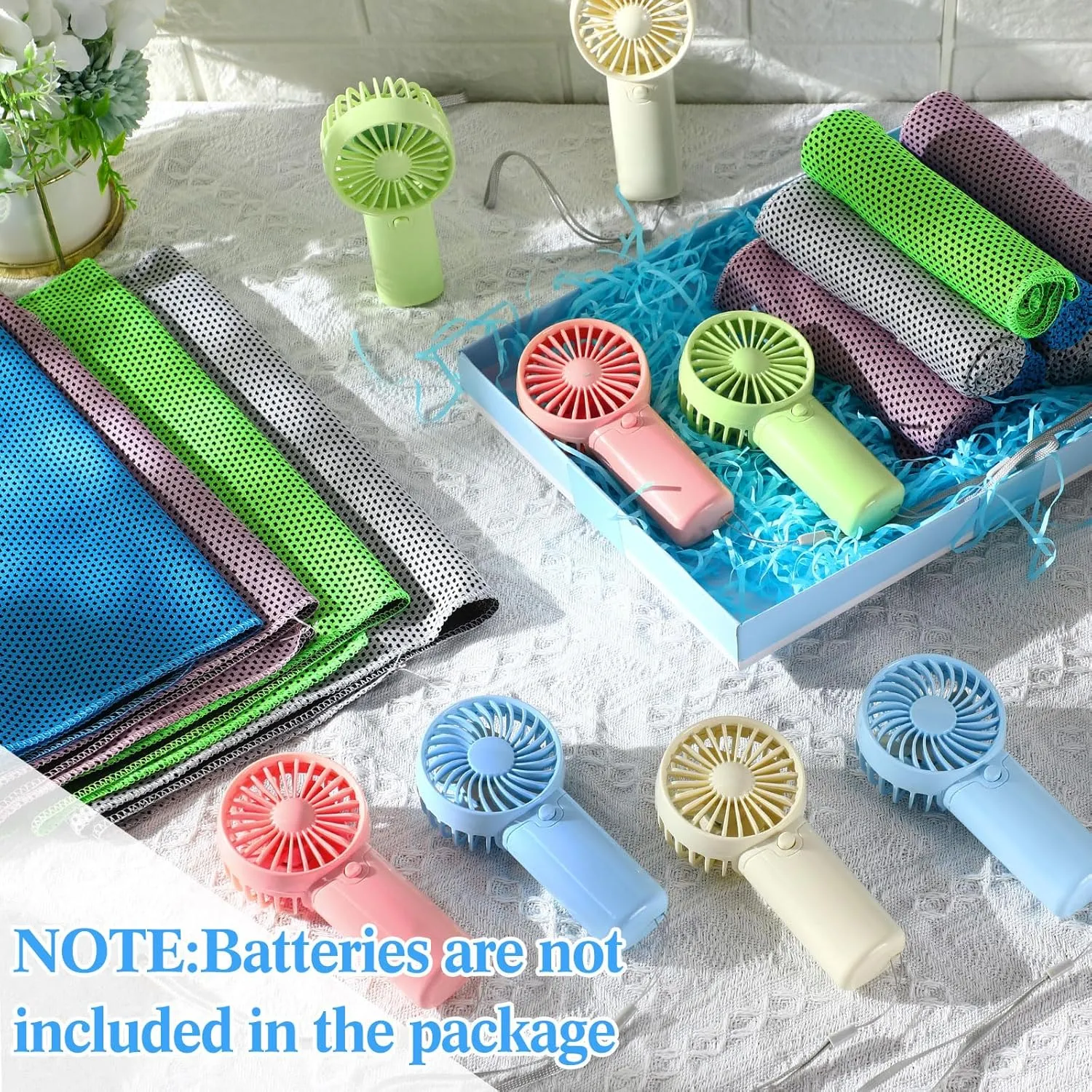 Retisee 24 Pcs Cooling Towel Mini Portable Fan Set 32 x 12 Inch Ice Towel Chilly Handheld Battery Powered Fan Cooling Sport Gifts for Travel Makeup Yoga Camping Running Summer(Classic,Multicolor)