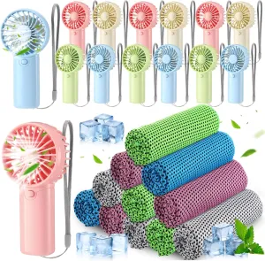 Retisee 24 Pcs Cooling Towel Mini Portable Fan Set 32 x 12 Inch Ice Towel Chilly Handheld Battery Powered Fan Cooling Sport Gifts for Travel Makeup Yoga Camping Running Summer(Classic,Multicolor)