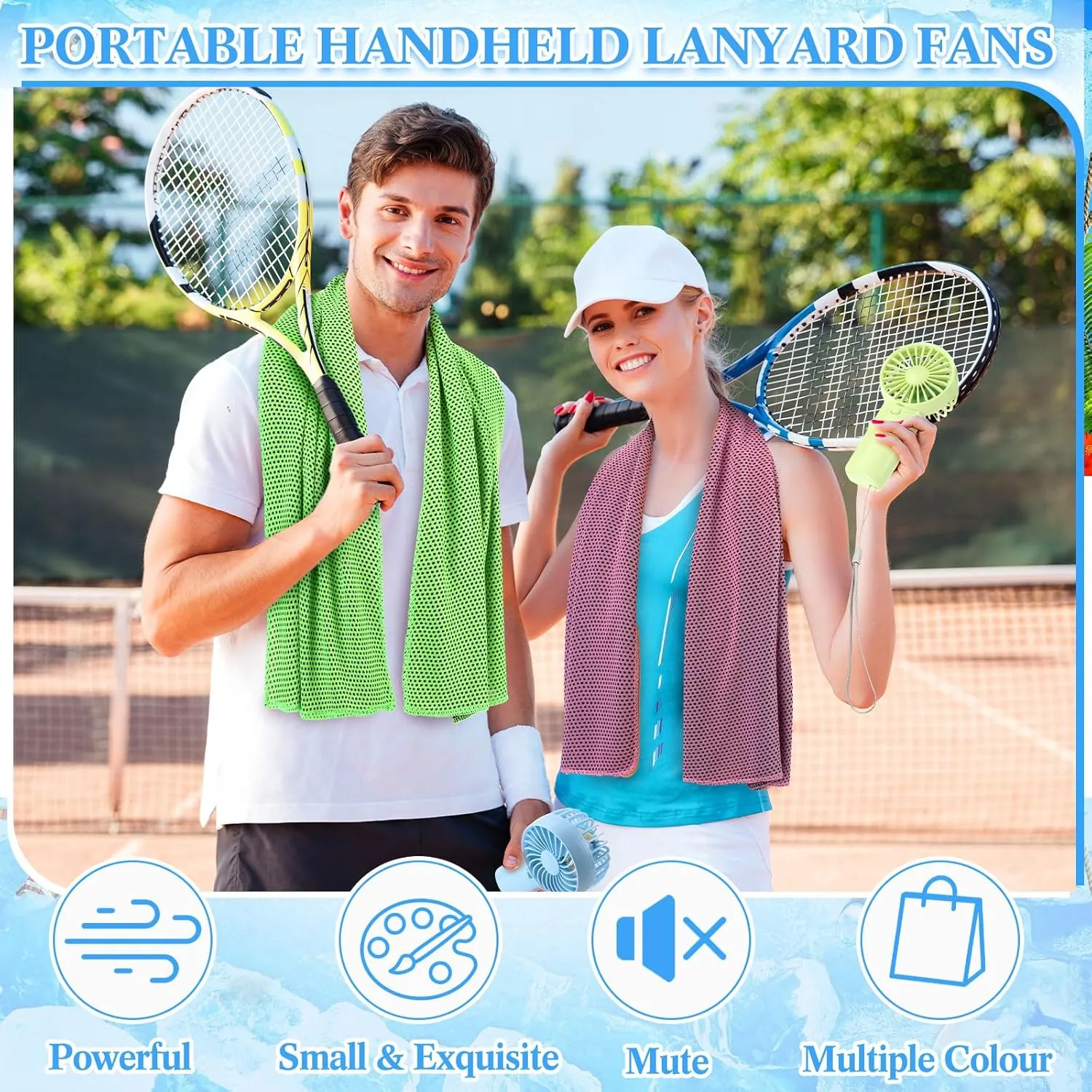 Retisee 24 Pcs Cooling Towel Mini Portable Fan Set 32 x 12 Inch Ice Towel Chilly Handheld Battery Powered Fan Cooling Sport Gifts for Travel Makeup Yoga Camping Running Summer(Classic,Multicolor)