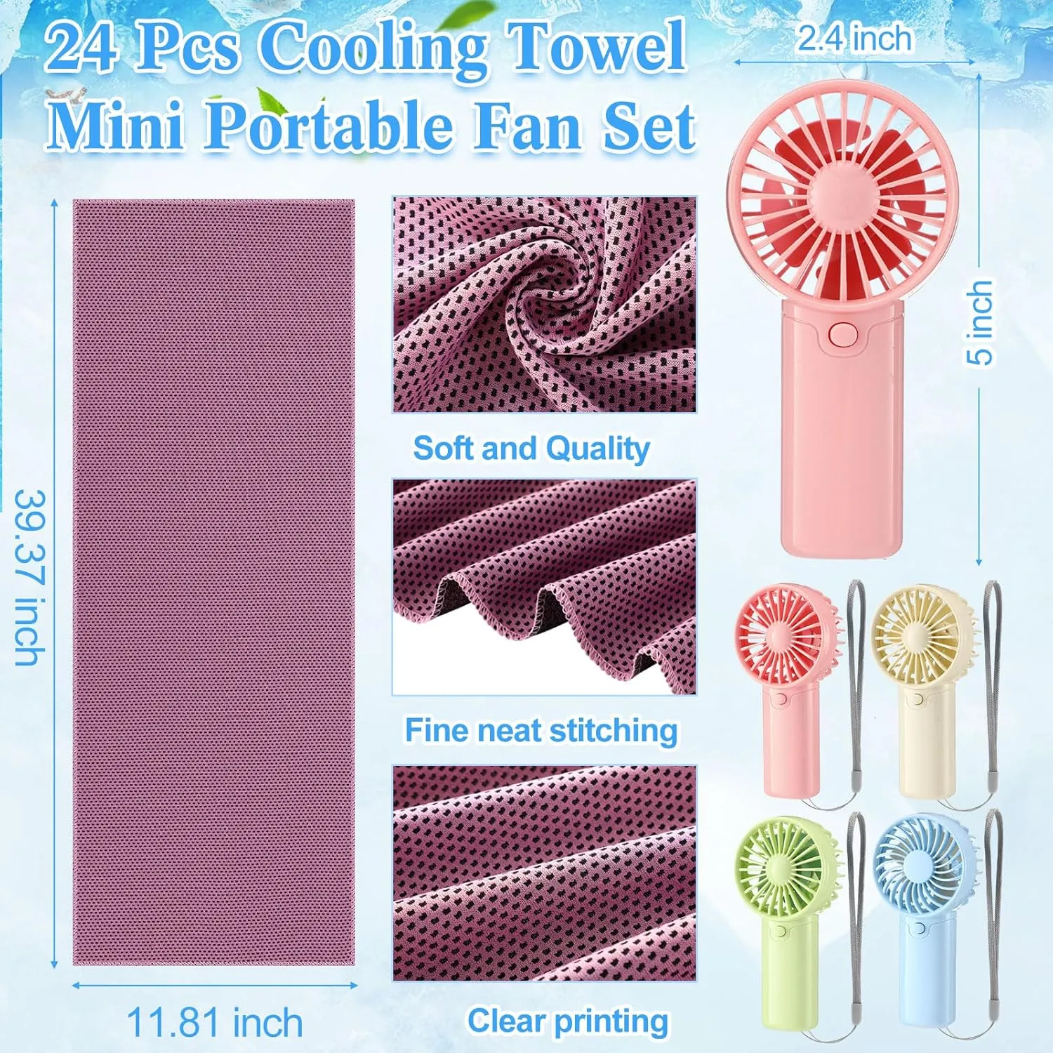 Retisee 24 Pcs Cooling Towel Mini Portable Fan Set 32 x 12 Inch Ice Towel Chilly Handheld Battery Powered Fan Cooling Sport Gifts for Travel Makeup Yoga Camping Running Summer(Classic,Multicolor)