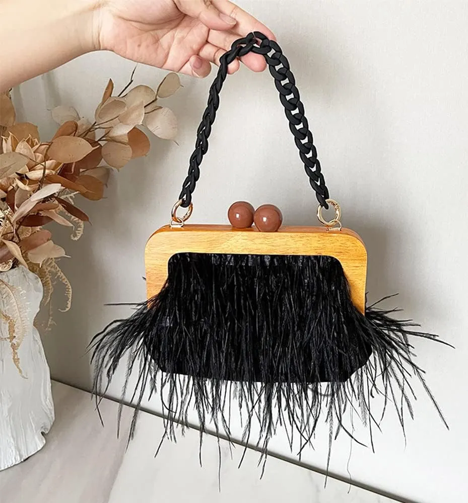 Retro Ostrich Feather Women's Evening Handbags Shell Tassel Party Clutch Purses Tote Bags for Women Party Banquet Prom Black