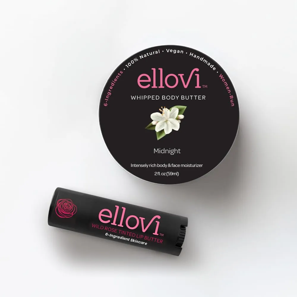 Romance Bundle | Wild Rose Tinted Lip Butter & Enchanting Midnight Whipped Body Butter | All-Natural, Vegan Skincare for Soft Lips & Velvety Skin | 6 Pure Ingredients