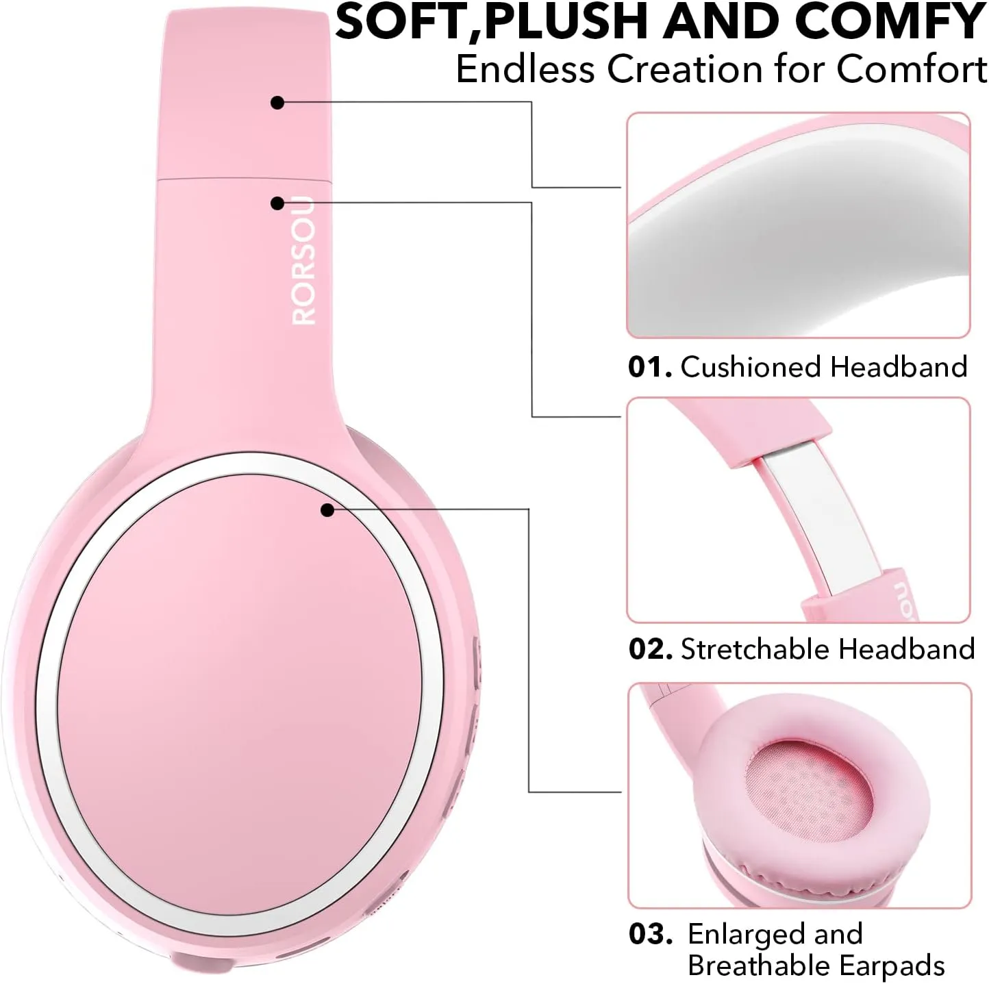 RORSOU B10 Wireless Over-Ear Headphones, Lightweight Folding Stereo Bass Bluetooth Headset with Mic, 50H Playtime, Volume Control, Bluetooth 5.3 Headphones for iPad/Travel/Tablet/PC (Pink)