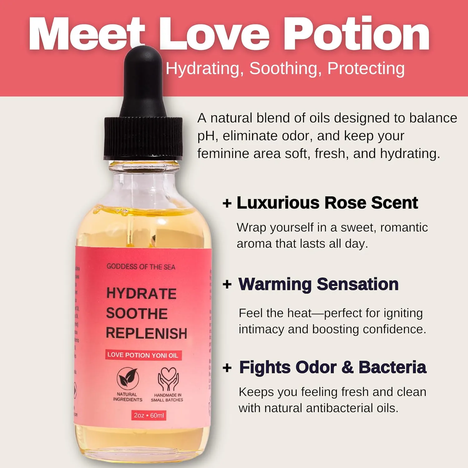 Rose Love Potion Yoni Oil Feminine Care - Stimulating Warm Sensation, Natural Ingredients Feminine Care Daily Oil Great for Odor, Razor Bumps, Dryness, Yeast, BV – Glass Bottle with Dropper (2 oz)