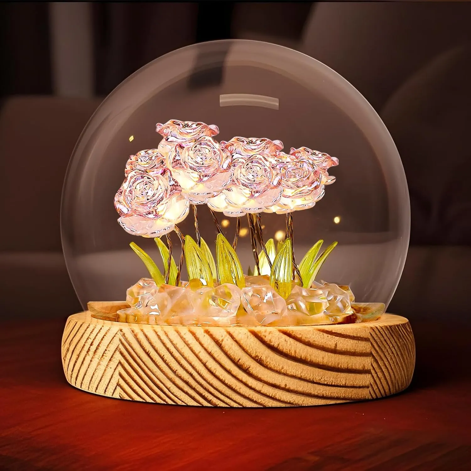 Rose Night Light, Glass Flower Lamp with 10 Roses, Wooden Base & Gift Bag, Rose in A Glass Dome Night Light for Home Decor Unique Romantic Gifts for Women (Pink)