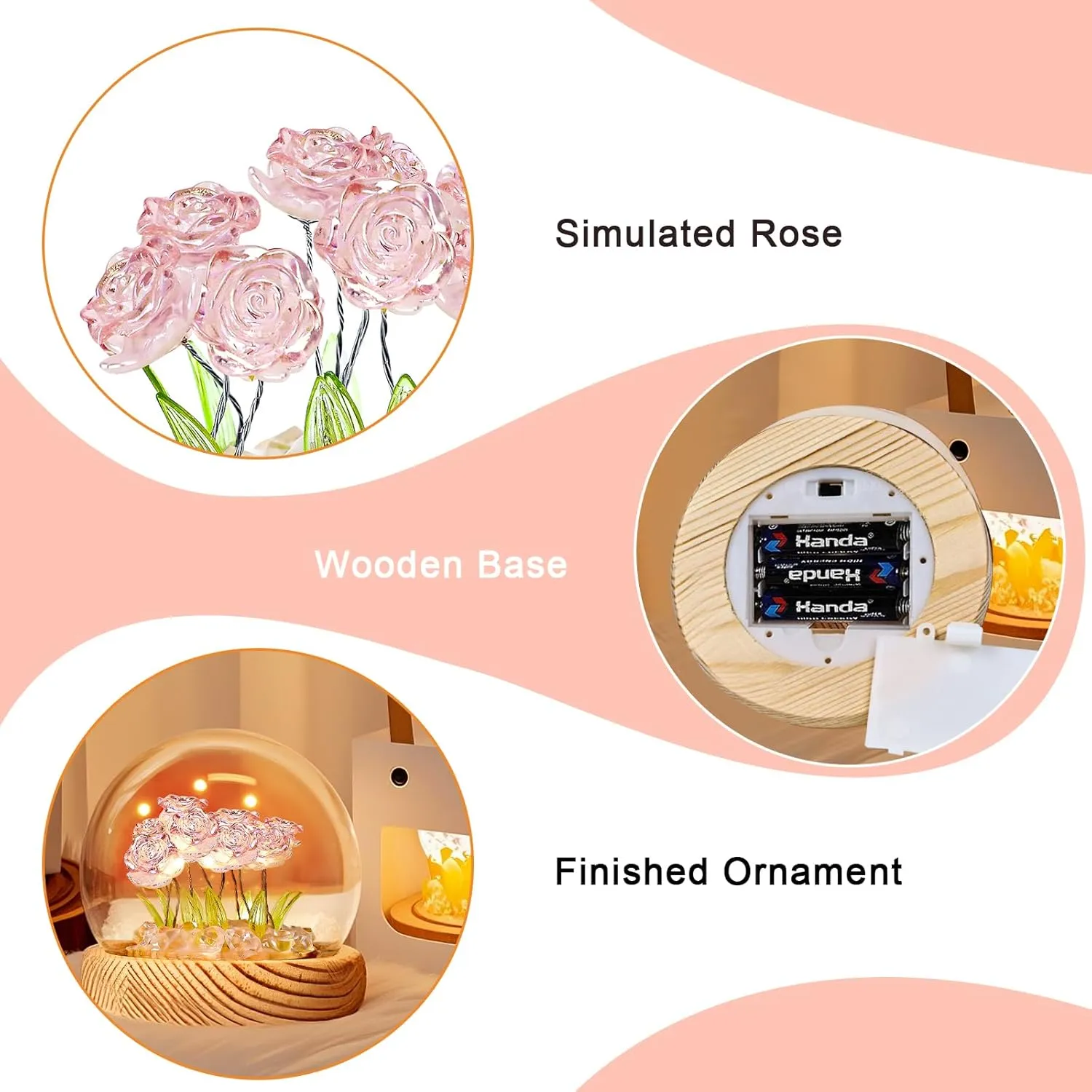 Rose Night Light, Glass Flower Lamp with 10 Roses, Wooden Base & Gift Bag, Rose in A Glass Dome Night Light for Home Decor Unique Romantic Gifts for Women (Pink)