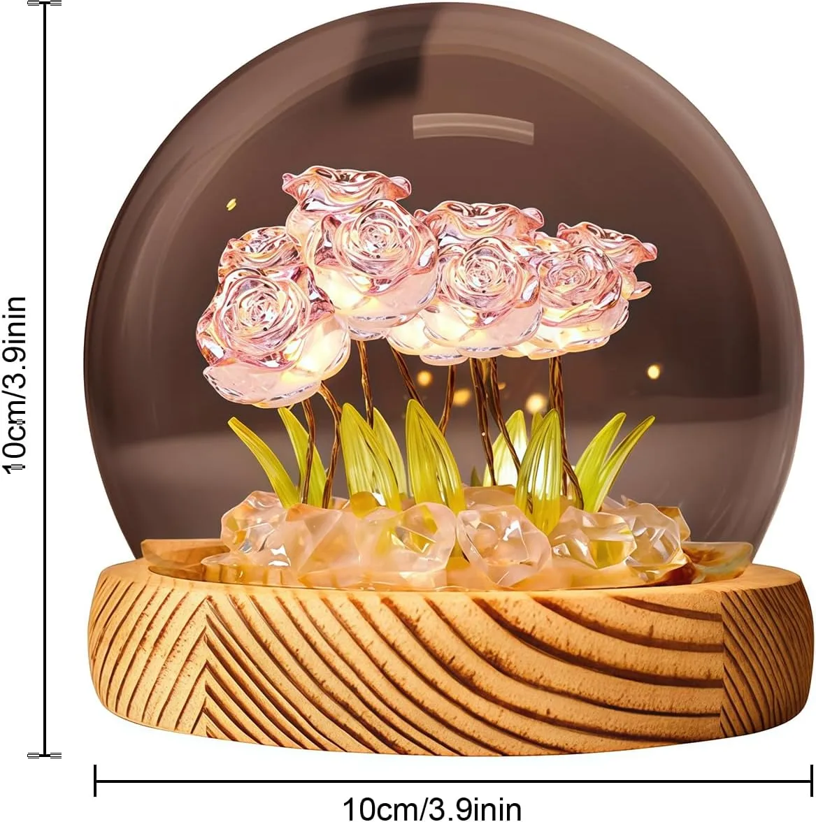 Rose Night Light, Glass Flower Lamp with 10 Roses, Wooden Base & Gift Bag, Rose in A Glass Dome Night Light for Home Decor Unique Romantic Gifts for Women (Pink)