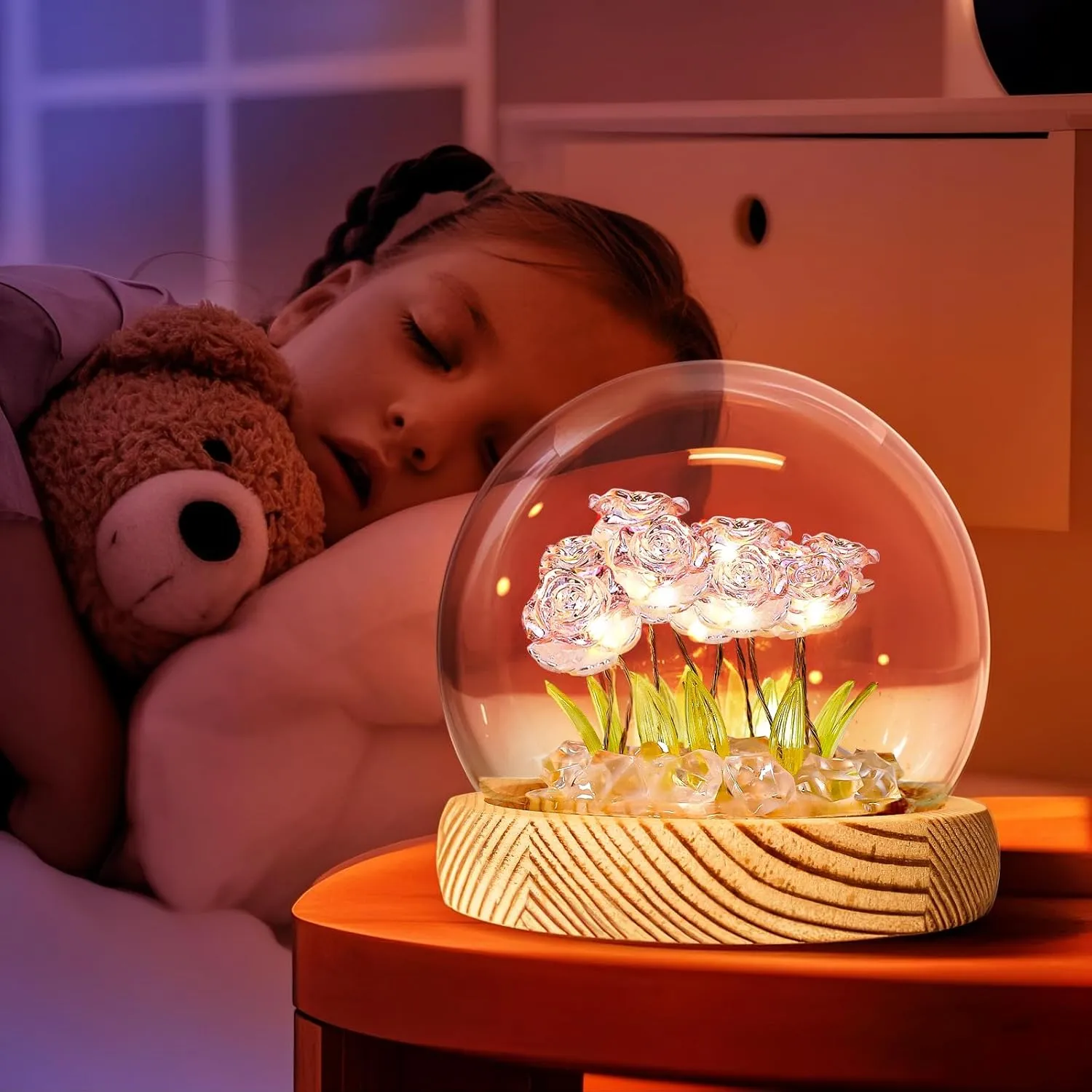 Rose Night Light, Glass Flower Lamp with 10 Roses, Wooden Base & Gift Bag, Rose in A Glass Dome Night Light for Home Decor Unique Romantic Gifts for Women (Pink)