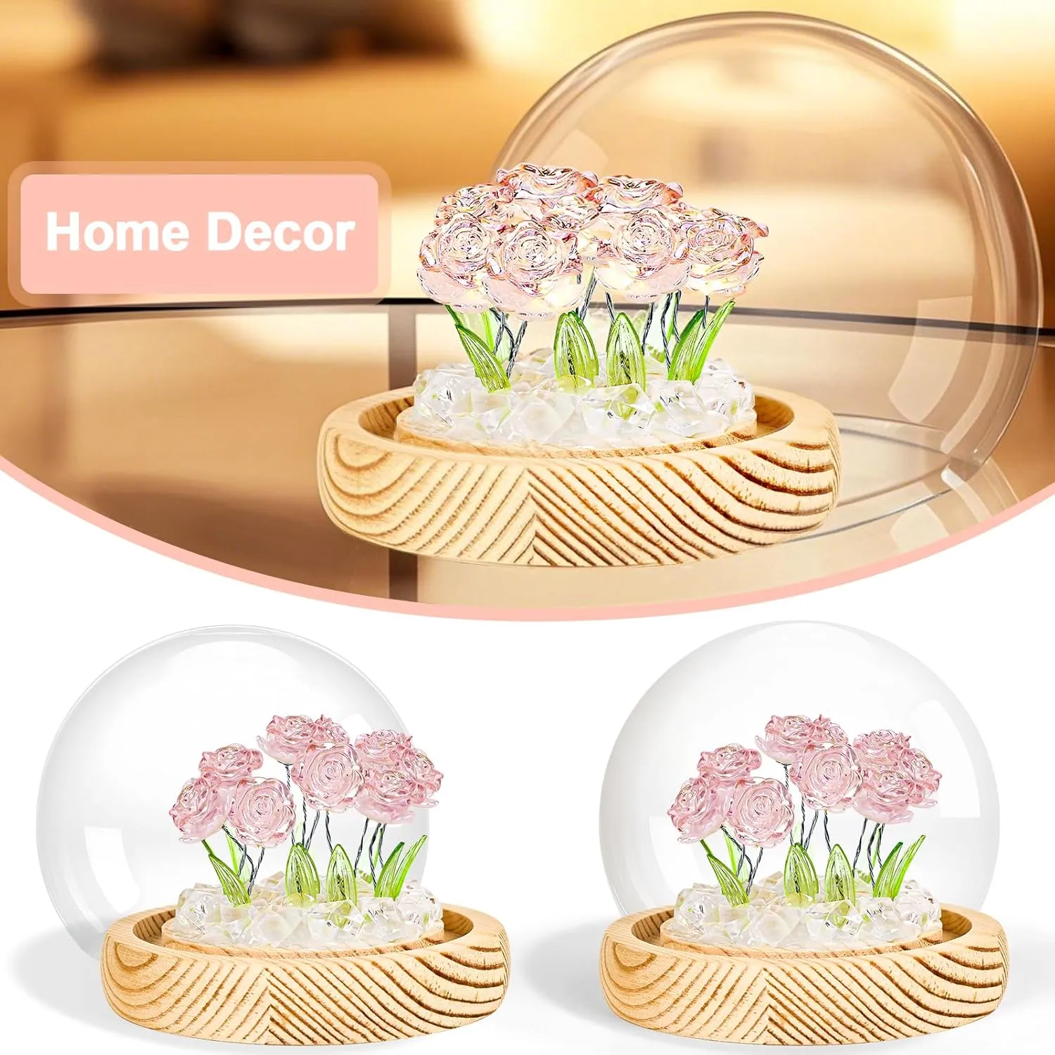 Rose Night Light, Glass Flower Lamp with 10 Roses, Wooden Base & Gift Bag, Rose in A Glass Dome Night Light for Home Decor Unique Romantic Gifts for Women (Pink)