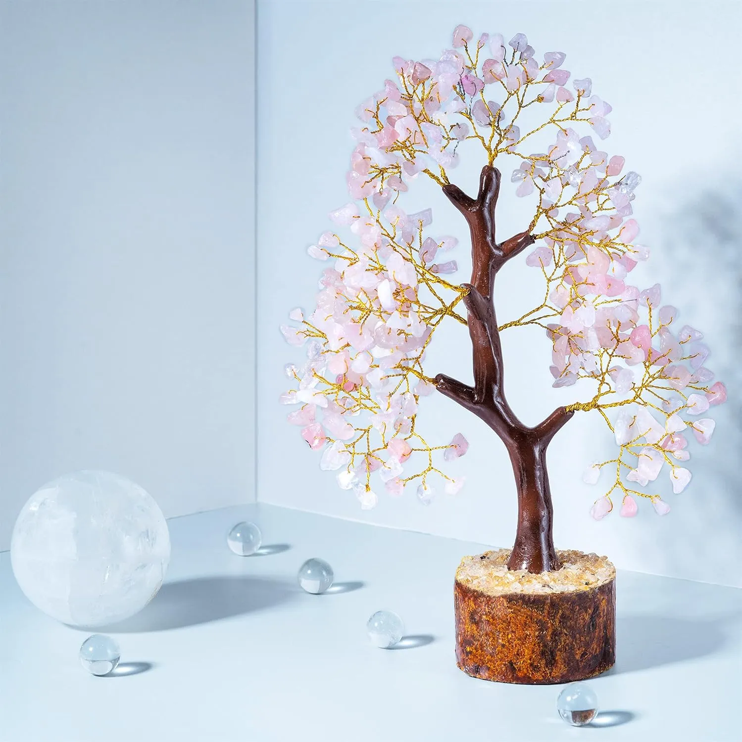 Rose Quartz Crystal Tree of Life with Bracelet & 2 Pendants Feng Shui Gem Tree Decor Healing Crystals Spiritual Pink Gifts for Cute Home Room & Desk Decor, Gifts for Women, Girlfriend, Her & Sister